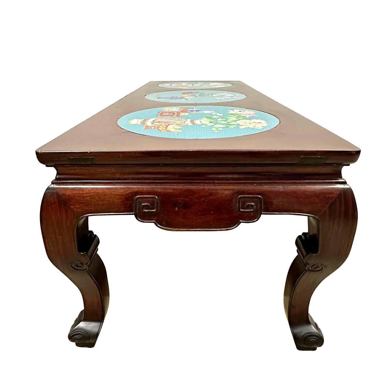 Early 20th Century Chinese Carved Hardwood Coffee Table With Cloisonne Inlay on  For Sale 4