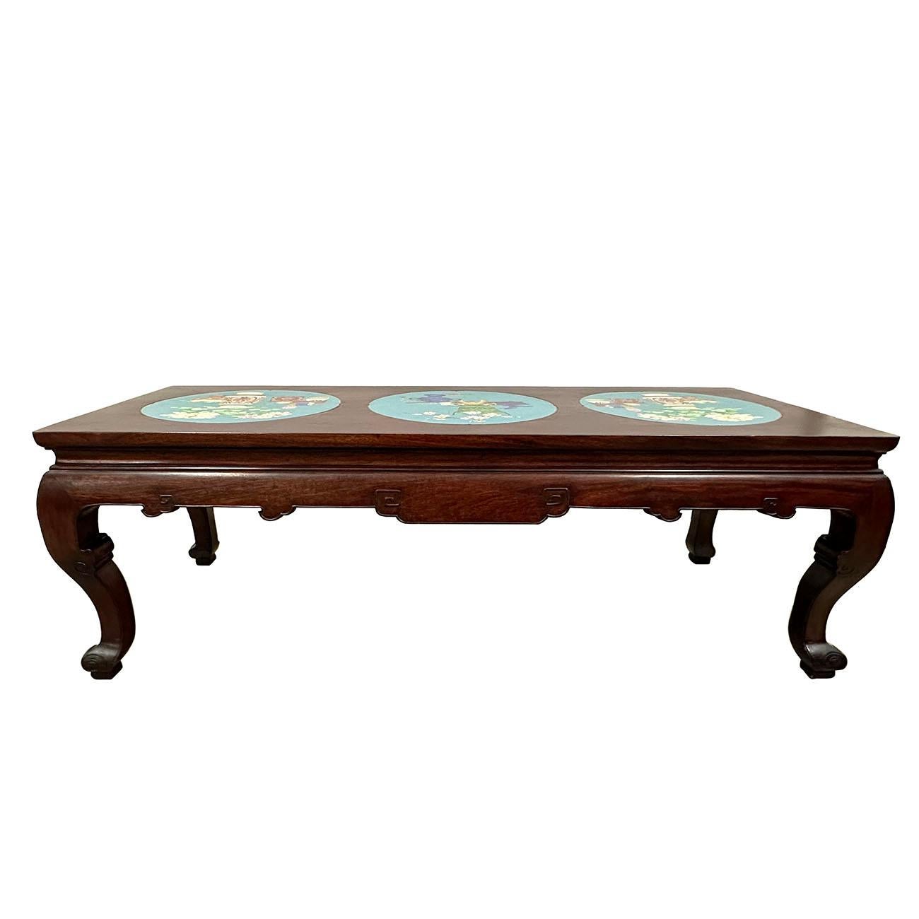 Early 20th Century Chinese Carved Hardwood Coffee Table With Cloisonne Inlay on  For Sale 5