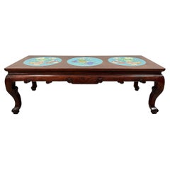 Antique Early 20th Century Chinese Carved Hardwood Coffee Table With Cloisonne Inlay on 