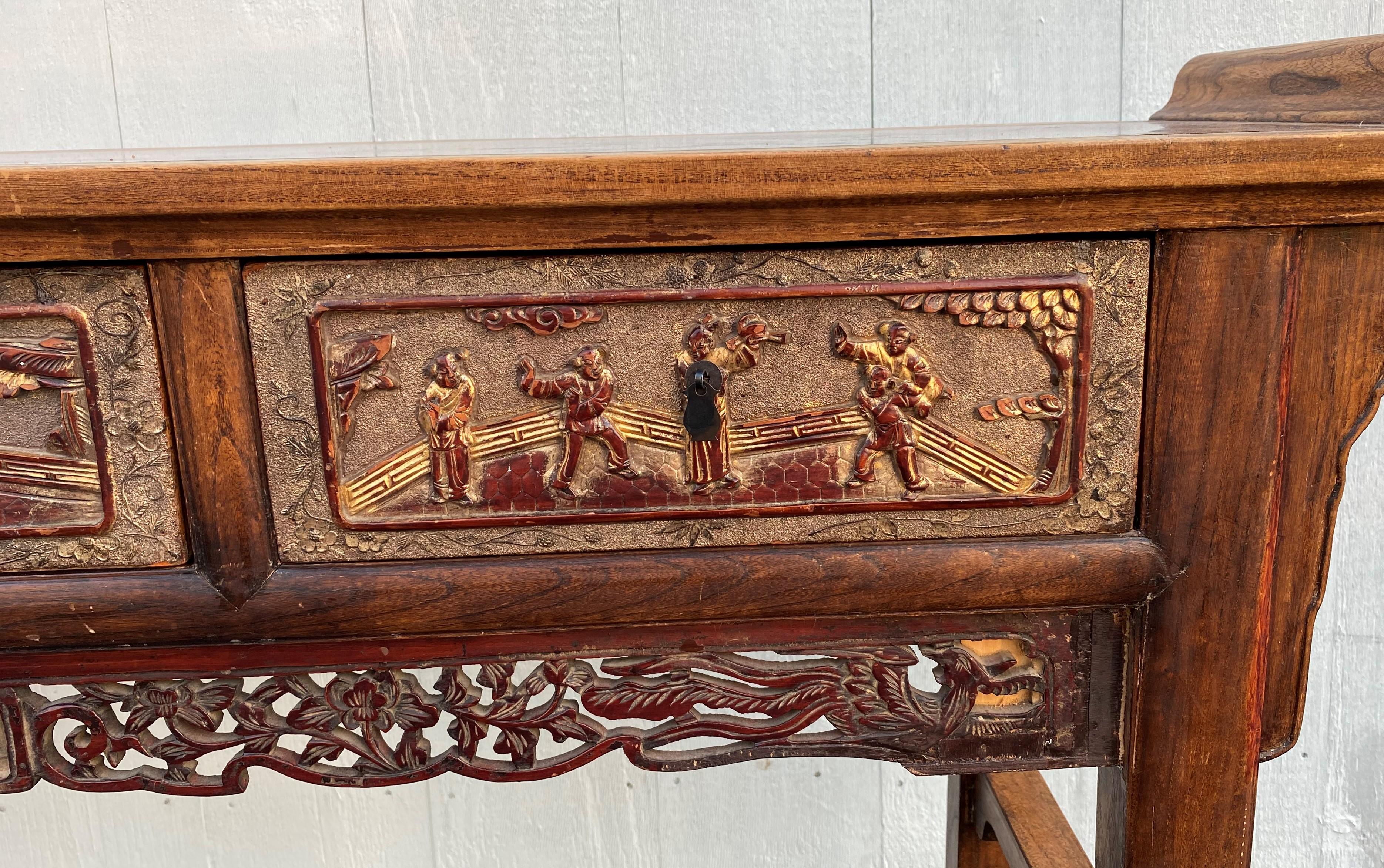 Early 20th Century Chinese Carved Polychrome Three-Drawer Hardwood Altar Table 6