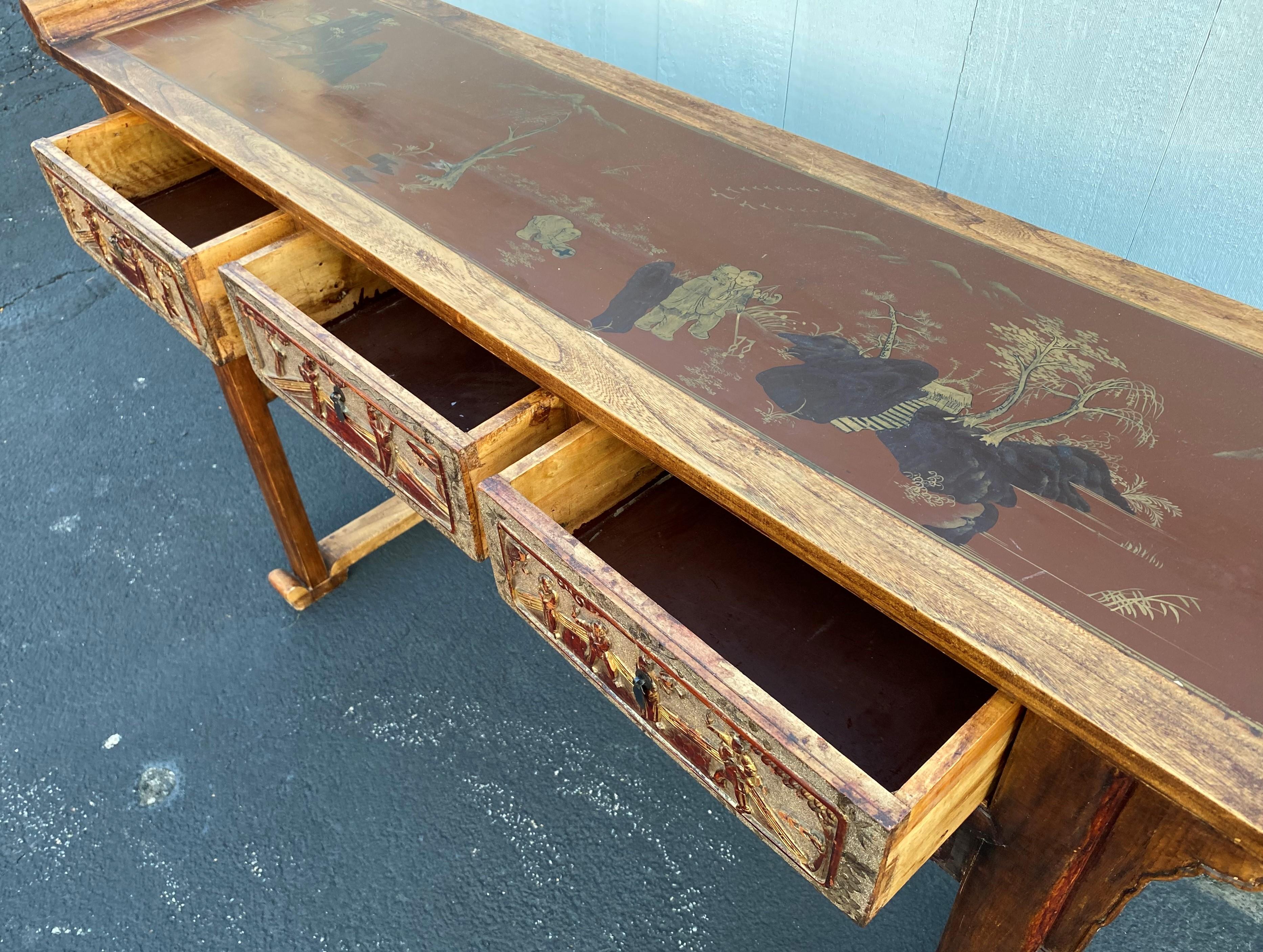 Early 20th Century Chinese Carved Polychrome Three-Drawer Hardwood Altar Table 7
