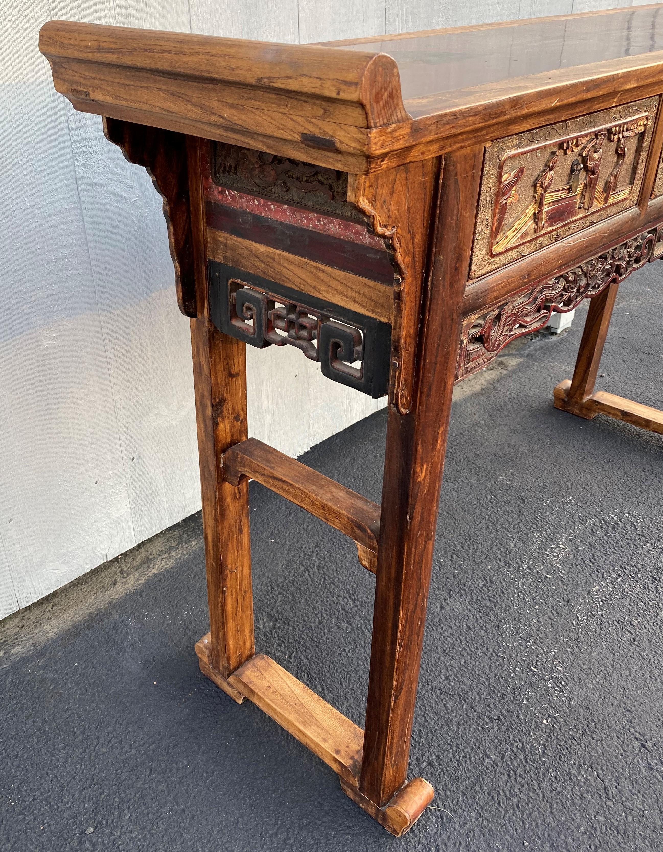 Hand-Carved Early 20th Century Chinese Carved Polychrome Three-Drawer Hardwood Altar Table