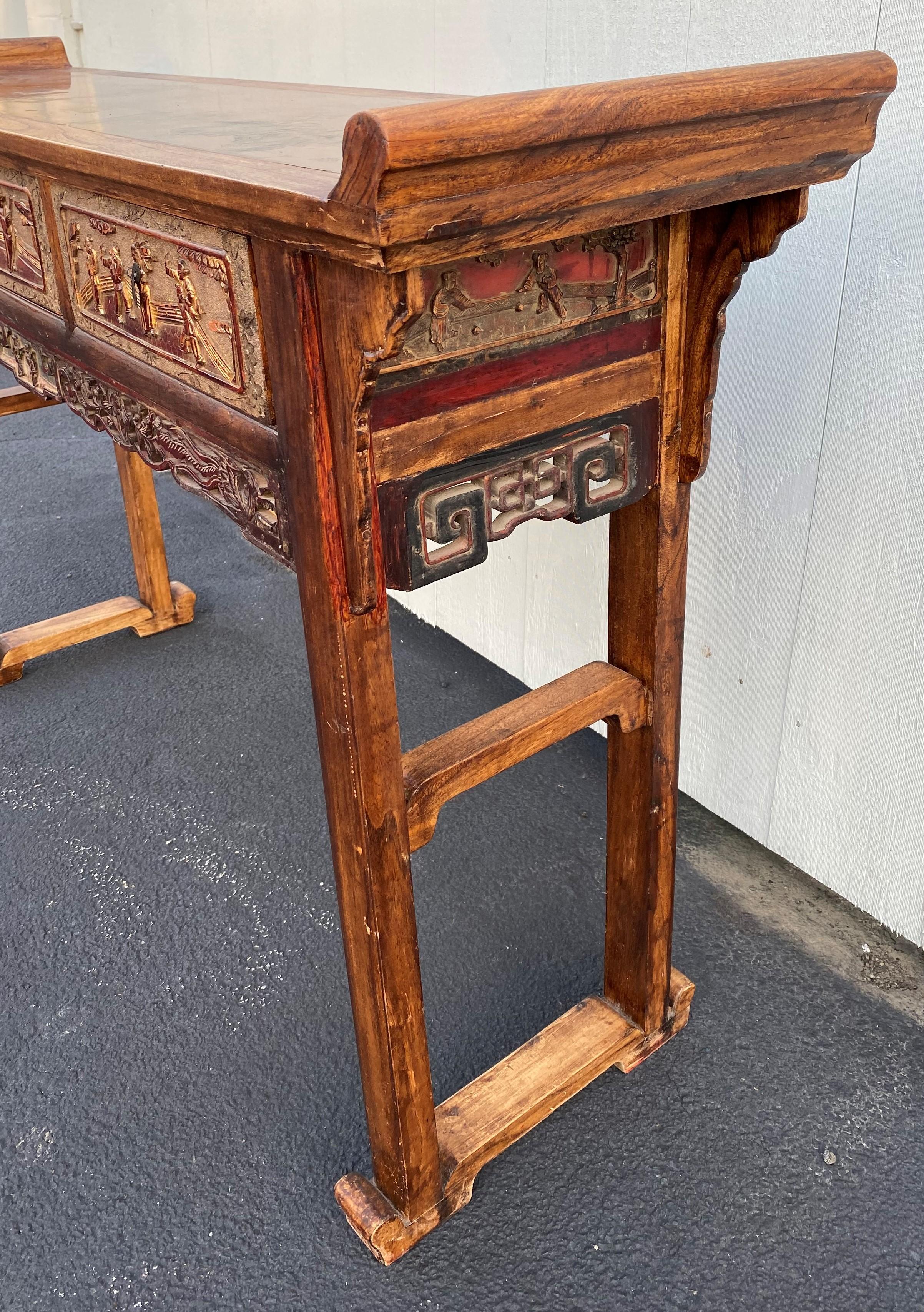 Early 20th Century Chinese Carved Polychrome Three-Drawer Hardwood Altar Table In Good Condition In Milford, NH