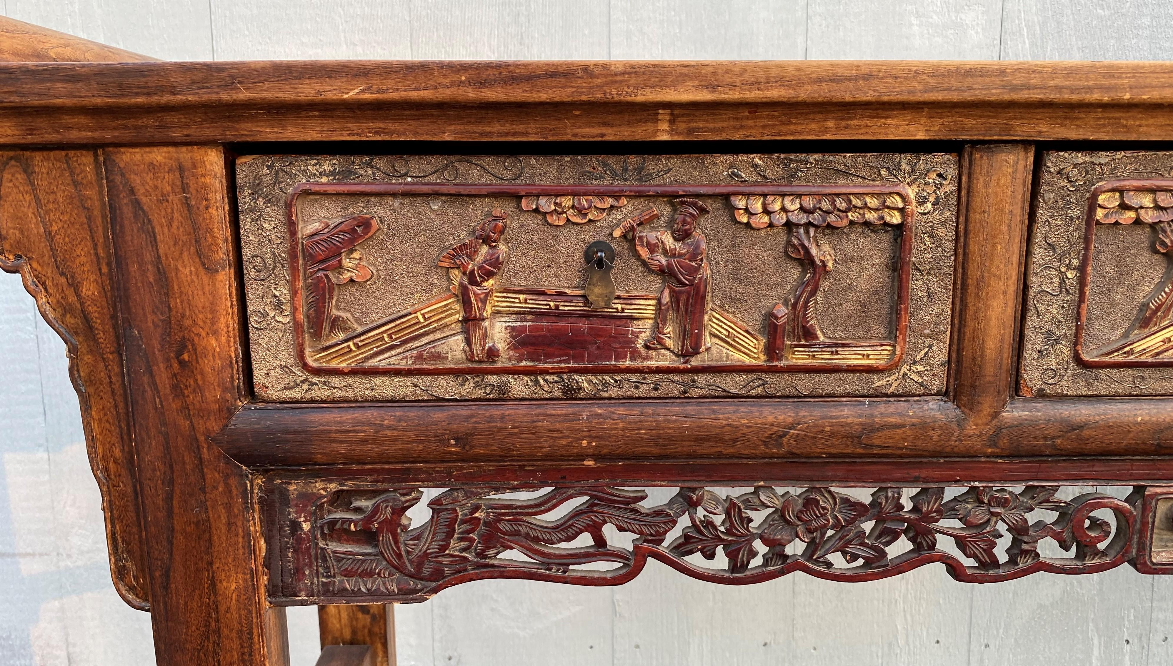 Early 20th Century Chinese Carved Polychrome Three-Drawer Hardwood Altar Table 4