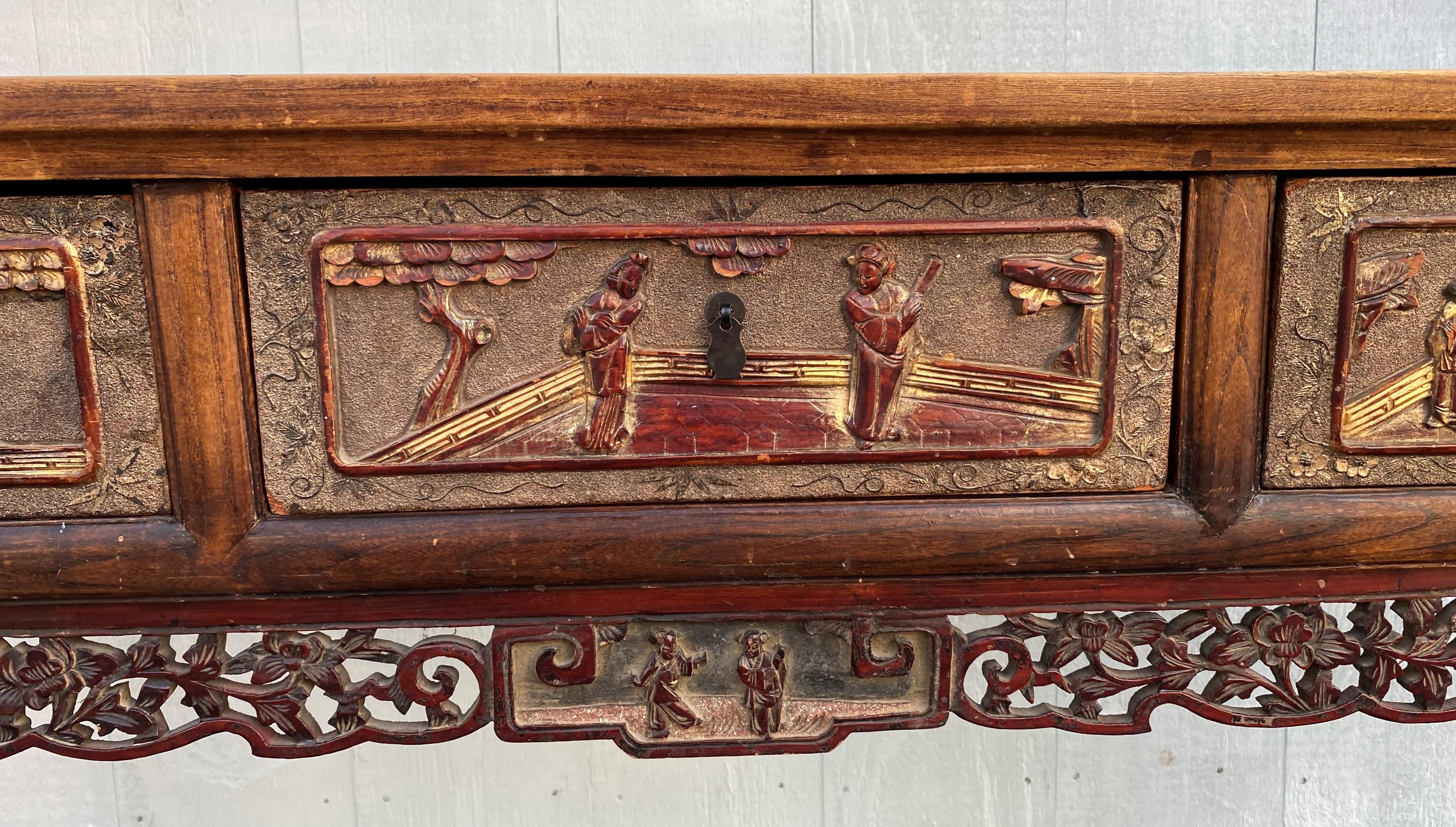 Early 20th Century Chinese Carved Polychrome Three-Drawer Hardwood Altar Table 5