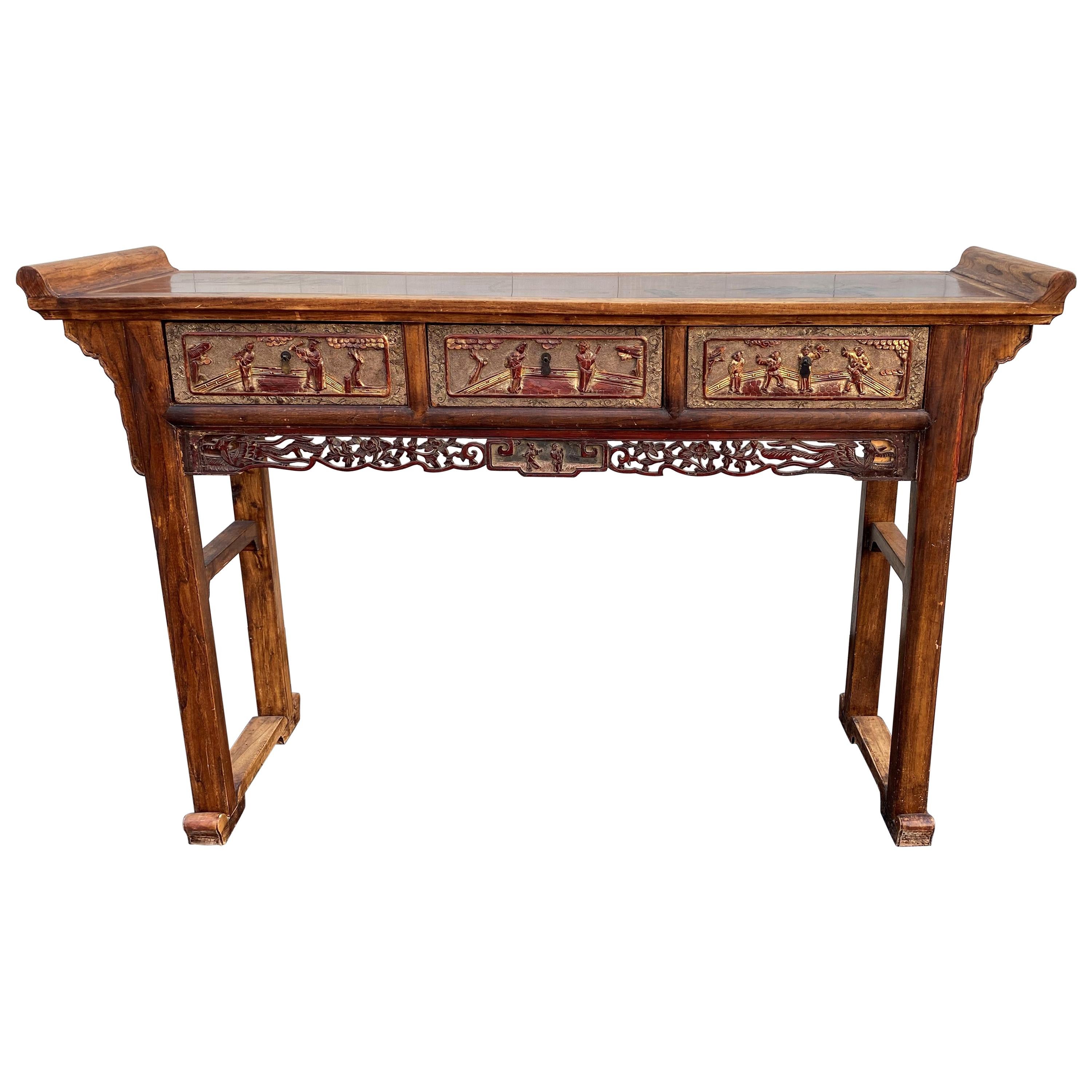 Early 20th Century Chinese Carved Polychrome Three-Drawer Hardwood Altar Table