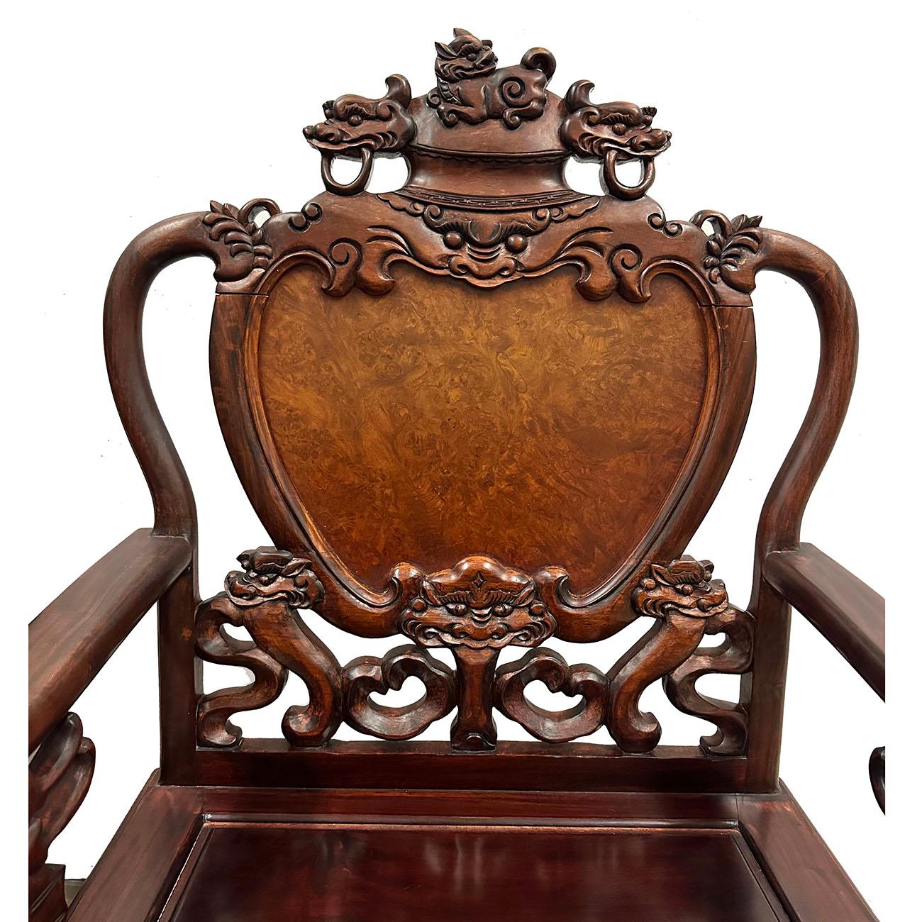 Chinese Export Early 20th Century Chinese Carved Rosewood Living Room Chairs Set For Sale