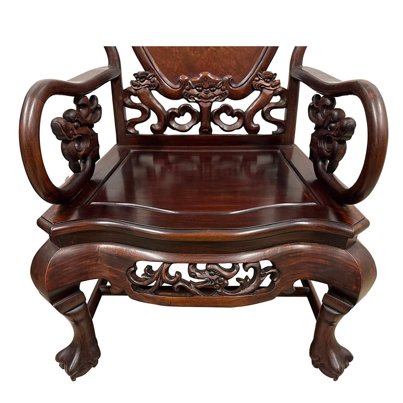 Hand-Carved Early 20th Century Chinese Carved Rosewood Living Room Chairs Set For Sale
