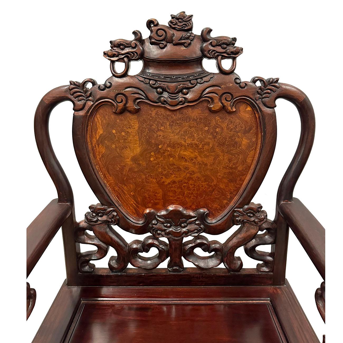 Wood Early 20th Century Chinese Carved Rosewood Living Room Chairs Set For Sale