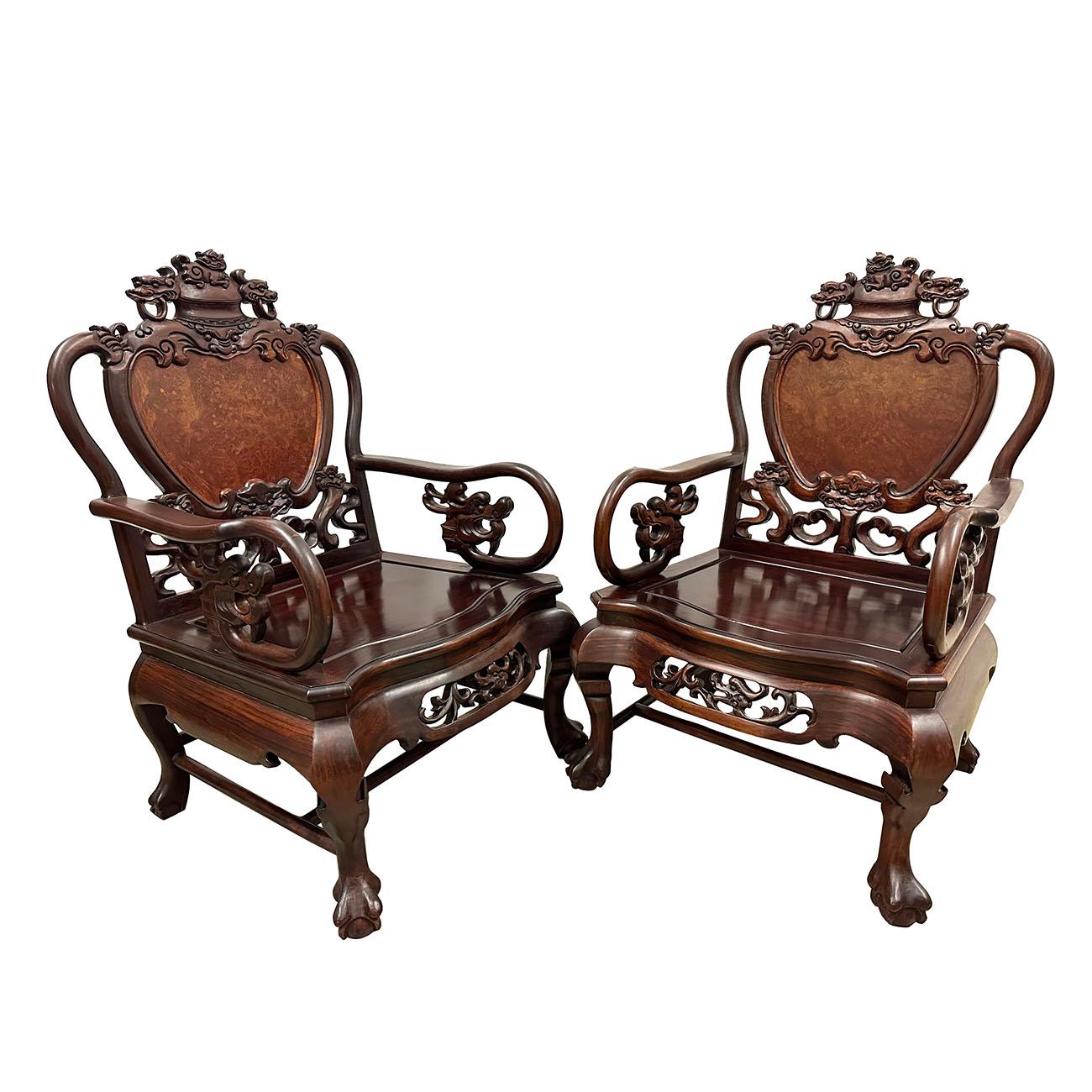 Early 20th Century Chinese Carved Rosewood Living Room Chairs Set For Sale 2