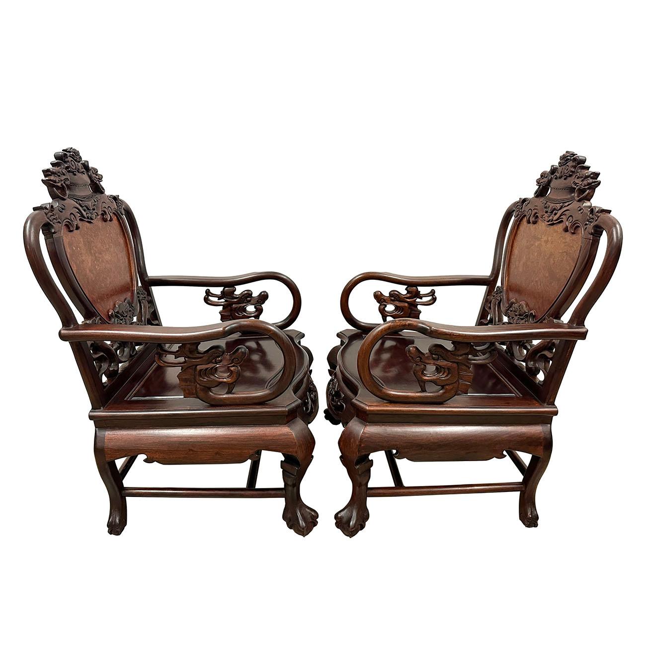 Early 20th Century Chinese Carved Rosewood Living Room Chairs Set For Sale 3