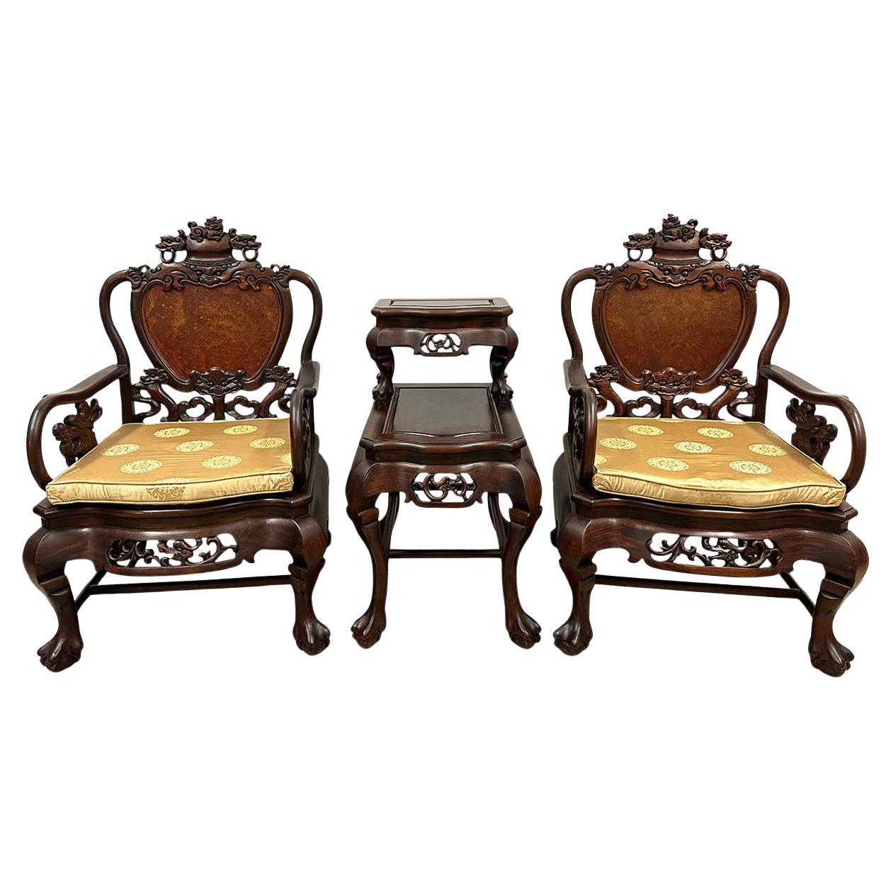 Early 20th Century Chinese Carved Rosewood Living Room Chairs Set For Sale