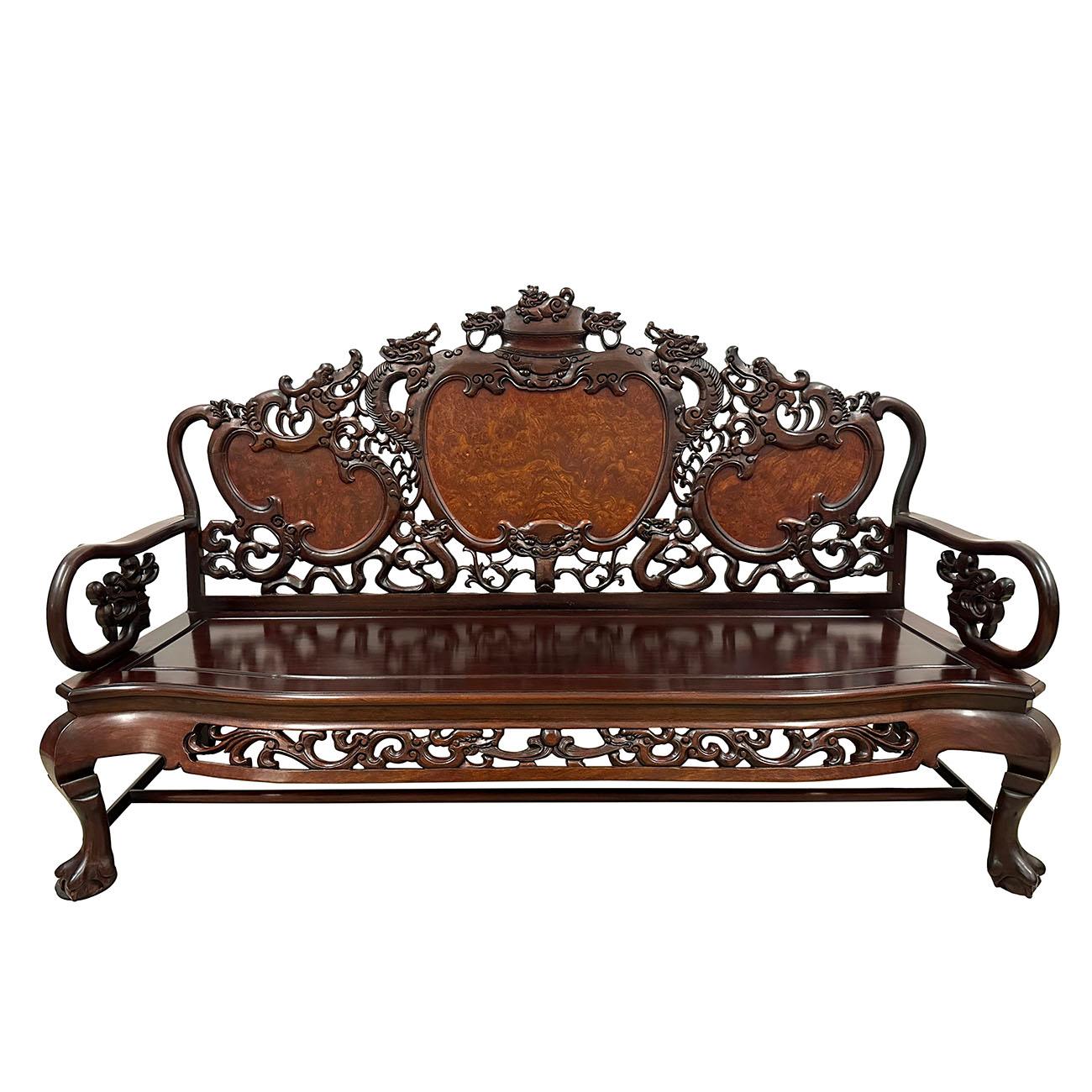 This gorgeous Antique Chinese Rosewood Carved Long Bench, Sofa was made in early 20th Century and still has its original condition, very smooth to touch, full of patina. It was hand made and hand carved with solid rosewood with 3 pieces burl wood