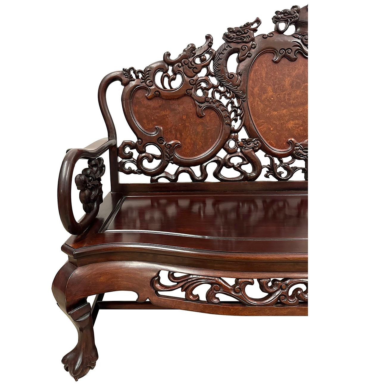 Early 20th Century Chinese Carved Rosewood Long Bench, Sofa In Good Condition For Sale In Pomona, CA