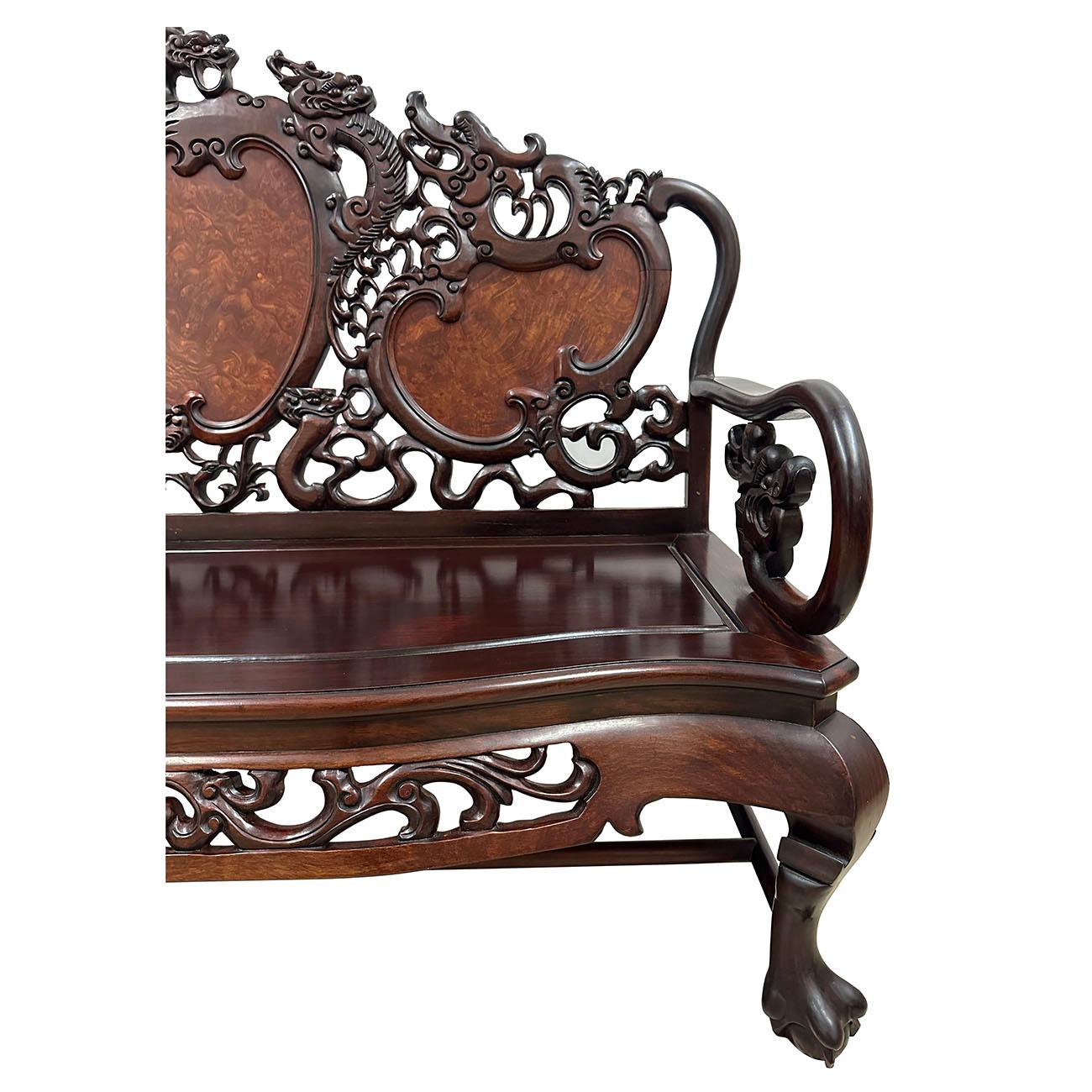 Early 20th Century Chinese Carved Rosewood Long Bench, Sofa For Sale 2