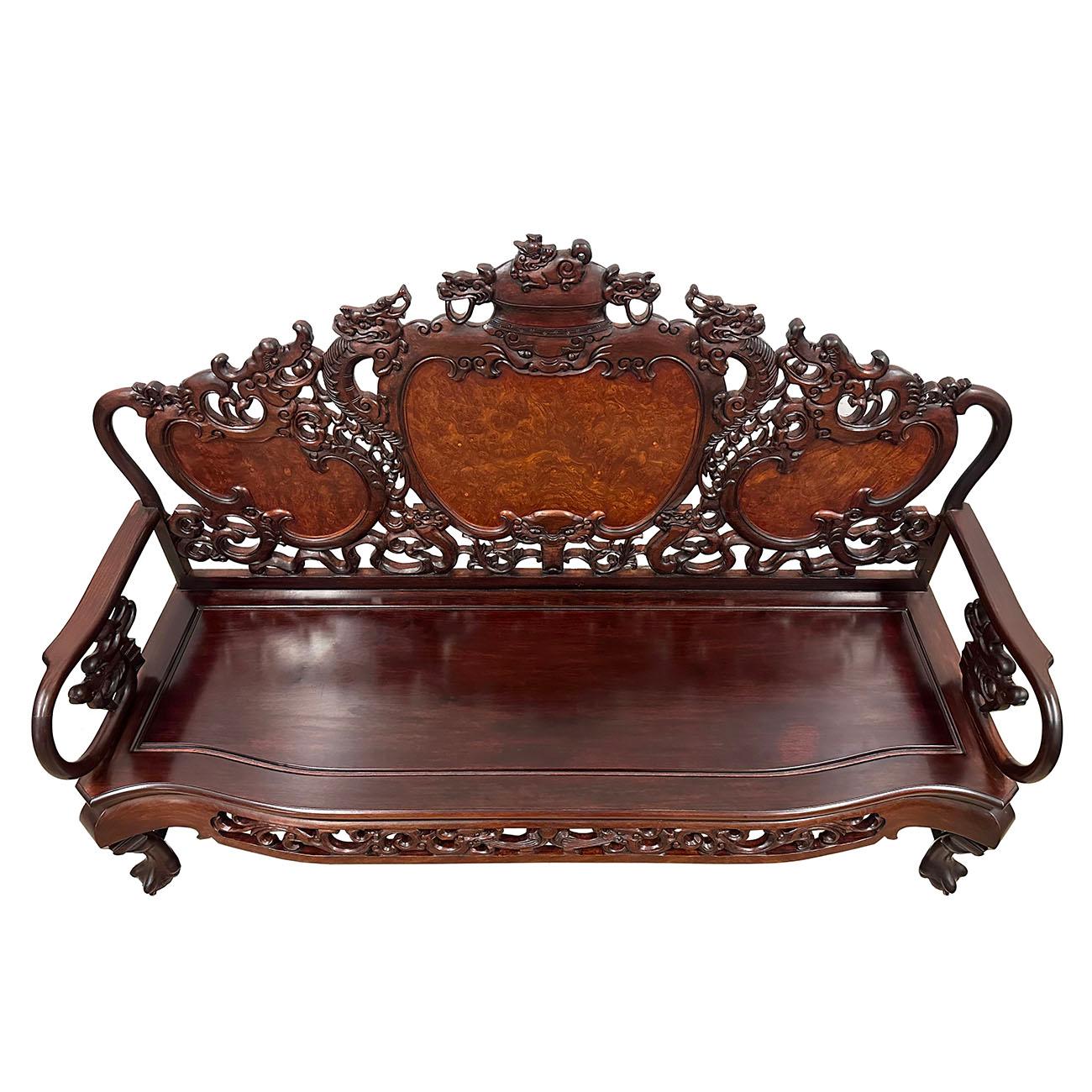Early 20th Century Chinese Carved Rosewood Long Bench, Sofa For Sale 3