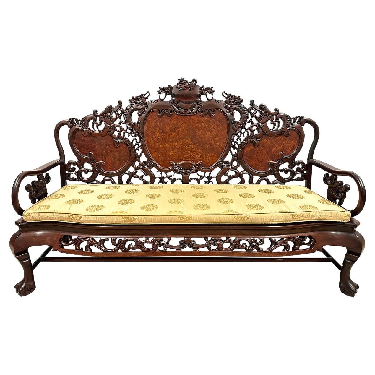Early 20th Century Chinese Carved Rosewood Long Bench, Sofa For Sale