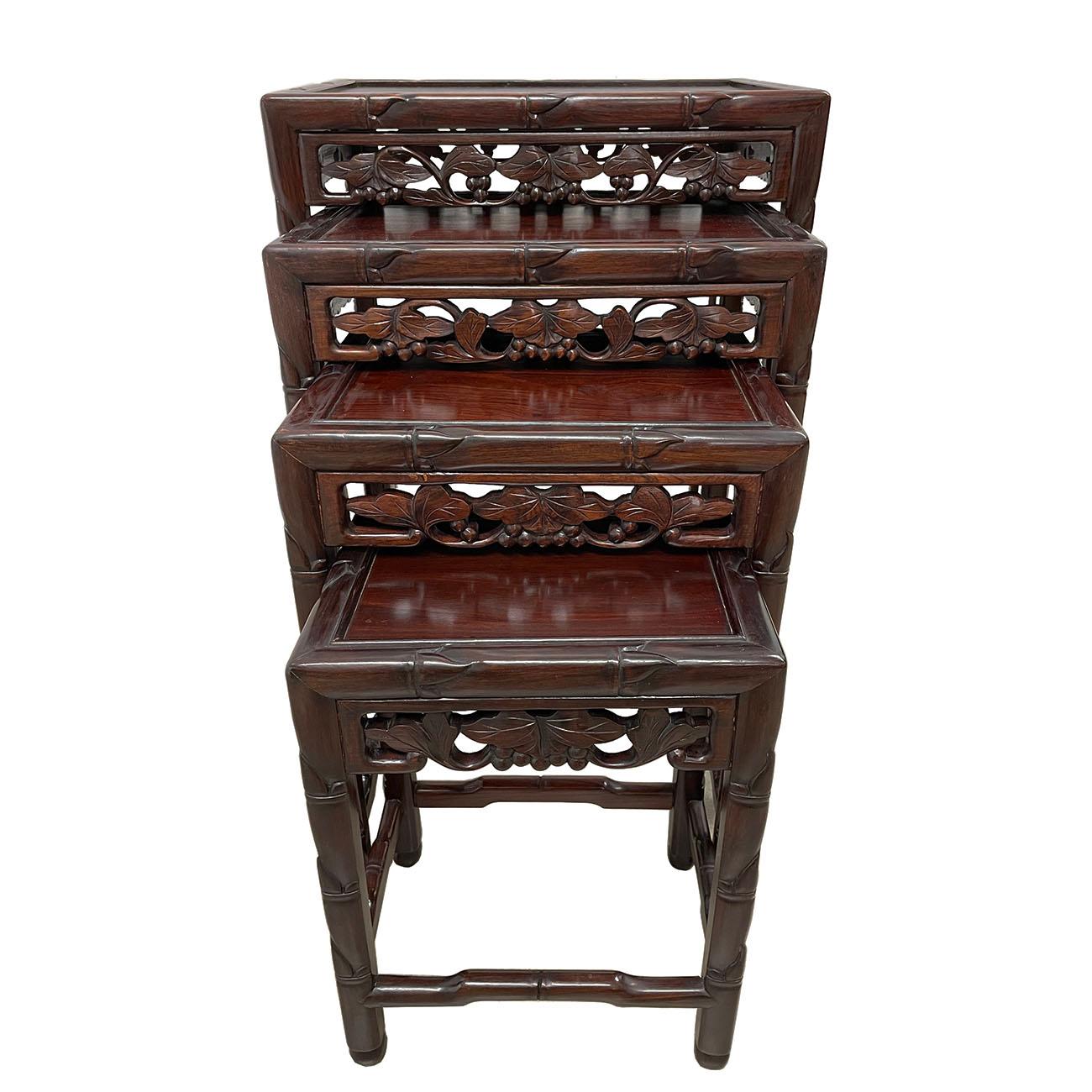 This set of gorgeous Chinese Antique Carved Rosewood Nesting Table were made from solid Rosewood with traditional carving works on all four sides and legs for each table. There are set of 4 tables total. Full of patina. From the pictures, you can