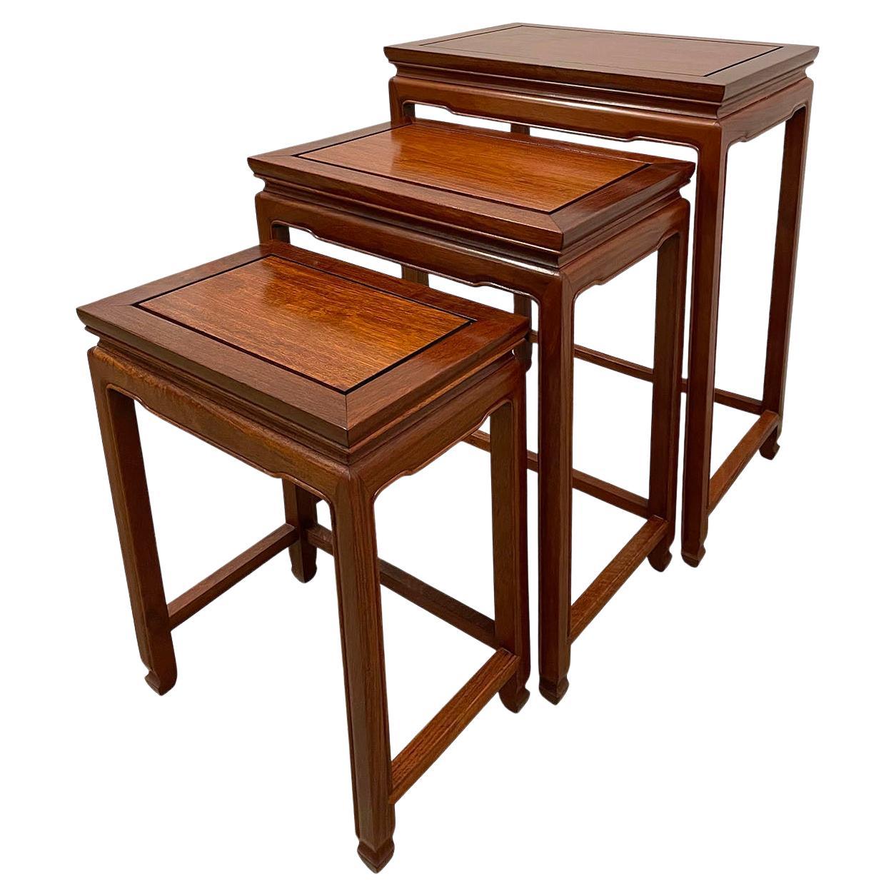 Early 20th Century Chinese Carved Rosewood Nesting Tables, Set of 3