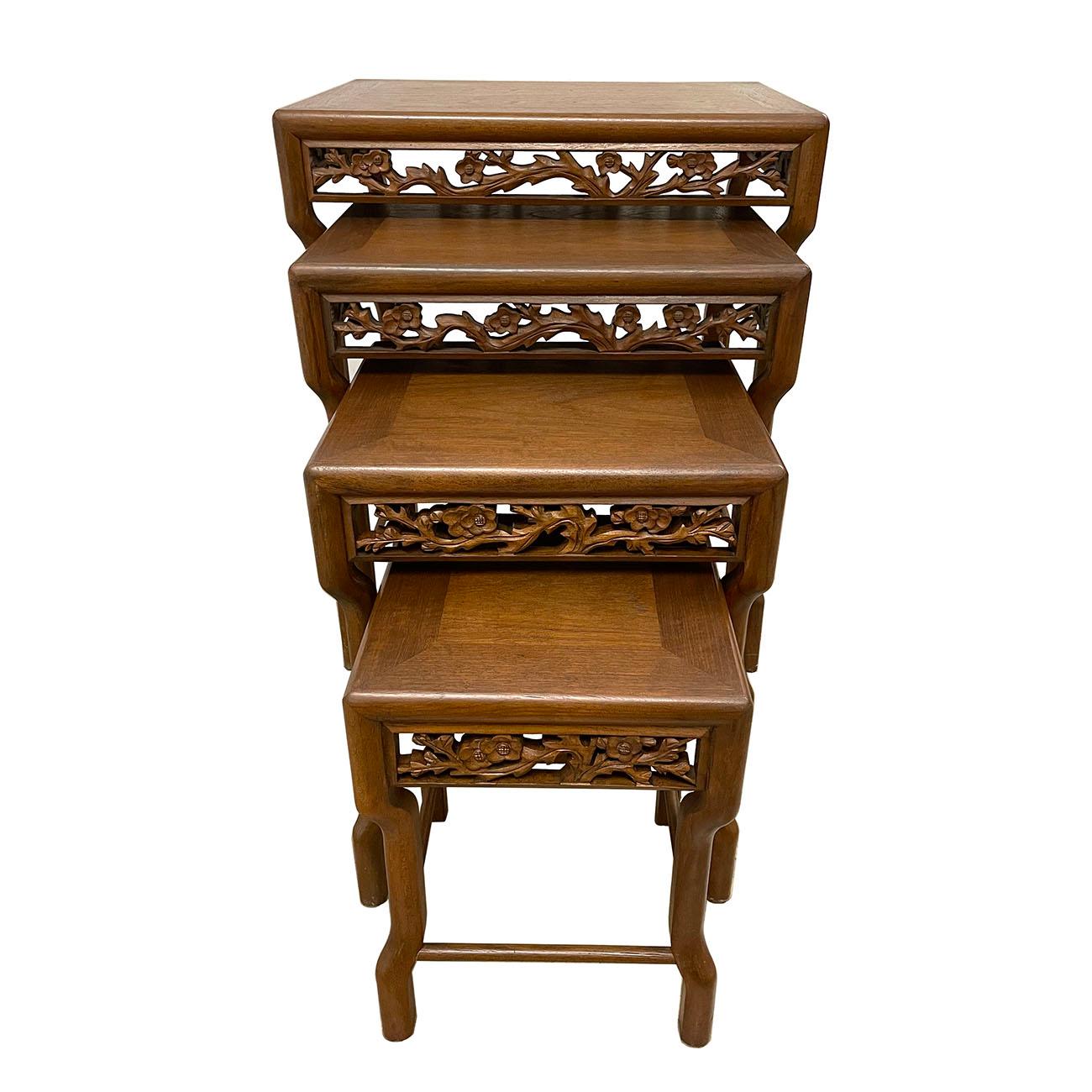 This set of gorgeous Chinese Antique Carved Teak wood Nesting Table were made from solid Teak wood with traditional carving works on all four sides and legs for each table. There are set of 4 tables total. Full of patina. From the pictures, you can