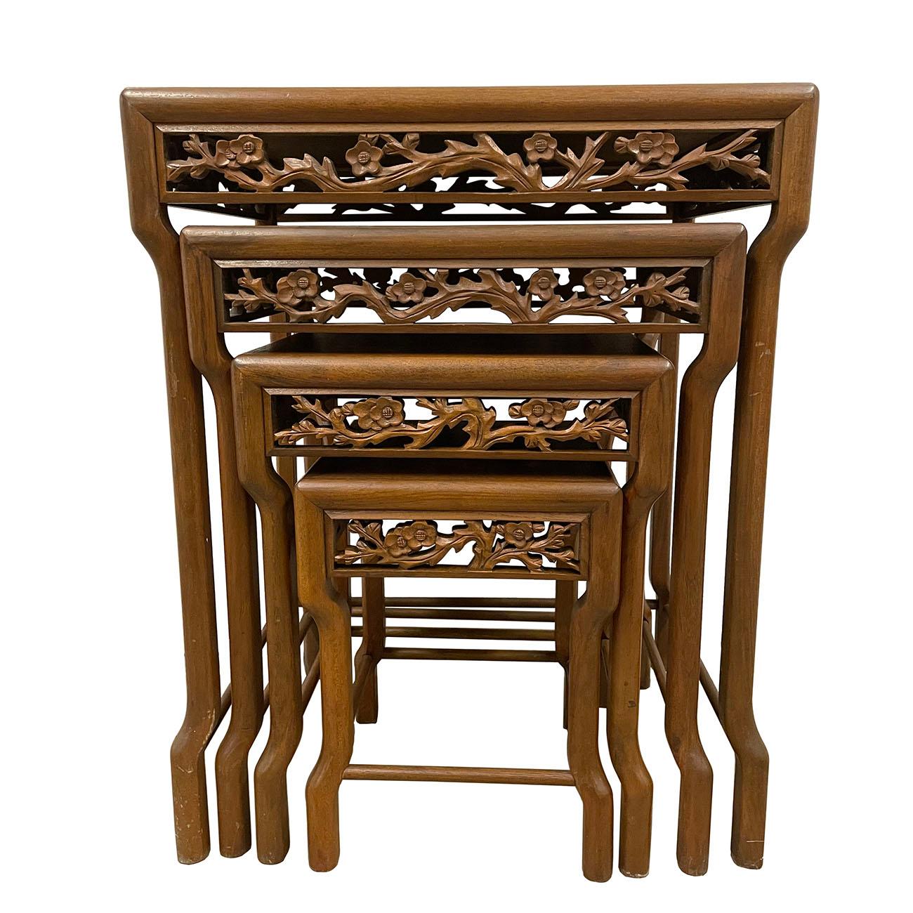 Early 20th Century Chinese Carved Teak Wood Nesting Table Set For Sale 2