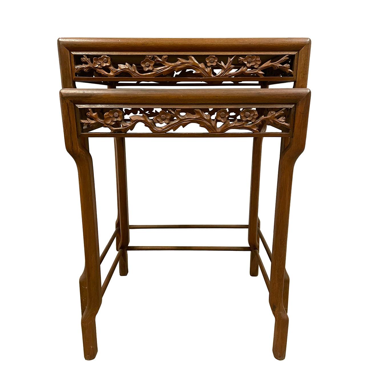 Early 20th Century Chinese Carved Teak Wood Nesting Table Set For Sale 3