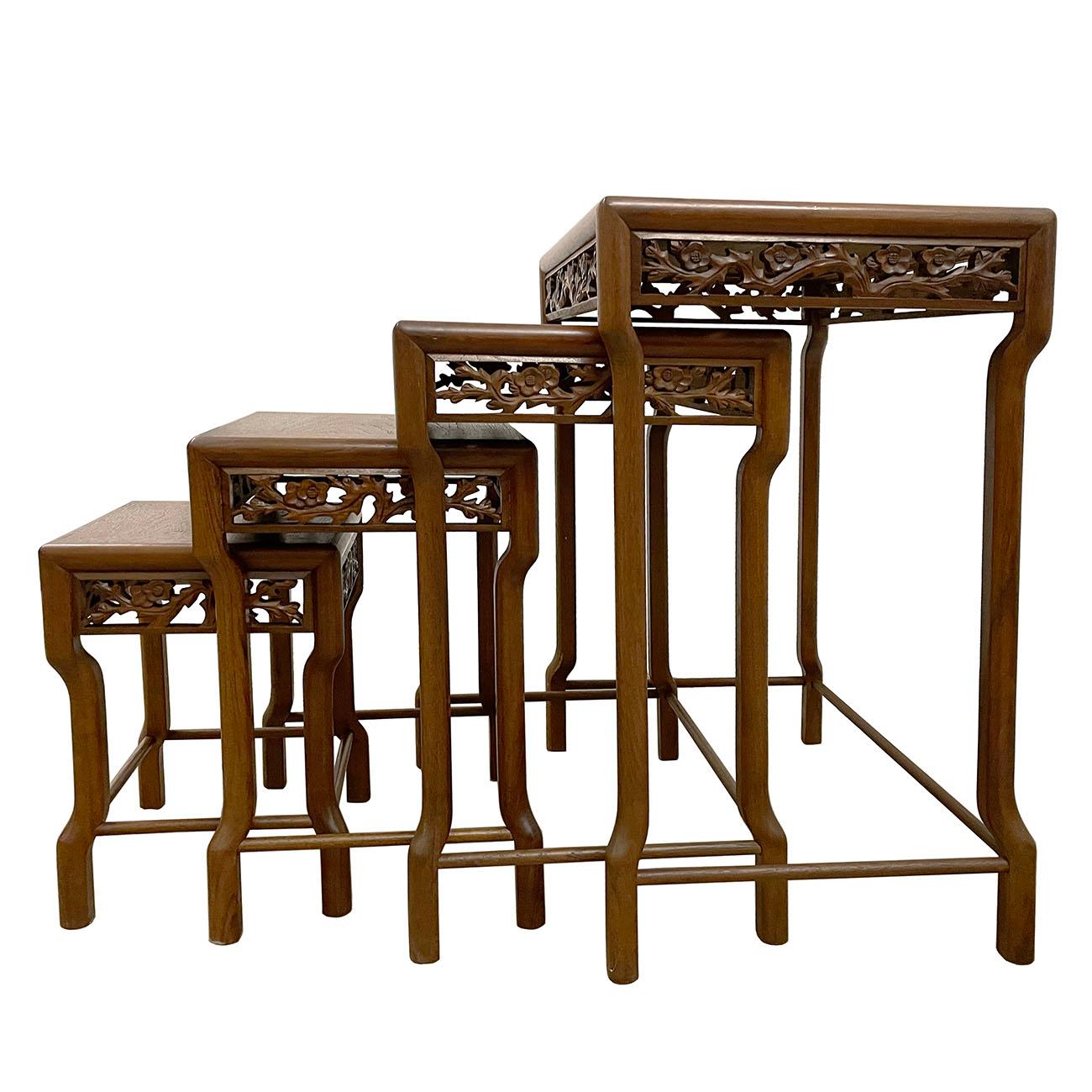 Early 20th Century Chinese Carved Teak Wood Nesting Table Set For Sale 5