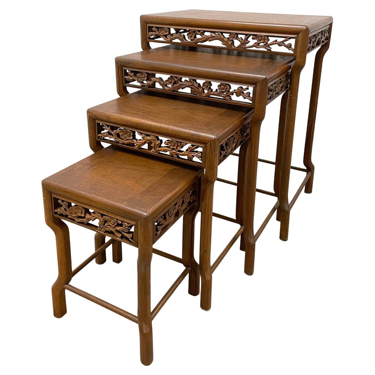 Early 20th Century Chinese Carved Teak Wood Nesting Table Set For Sale