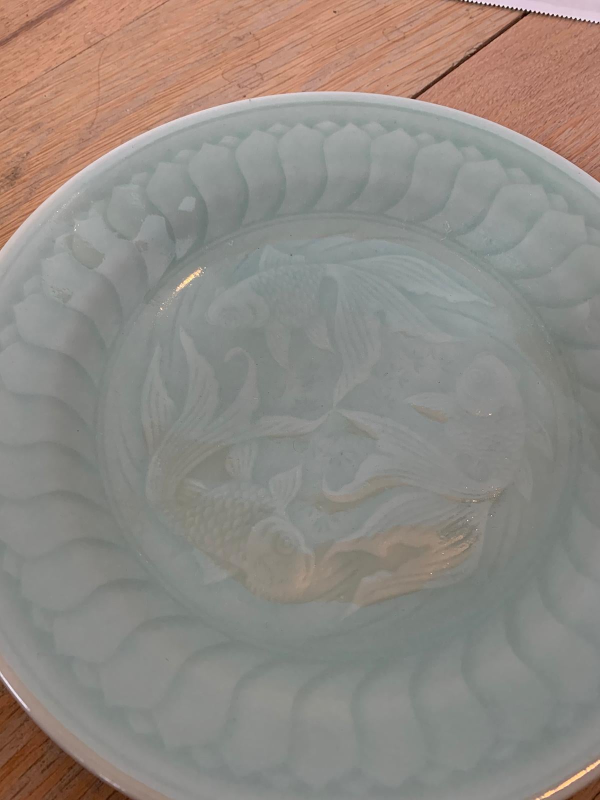 Early 20th Century Chinese Celadon Pottery Koi Fish Plate 4 Character Reign Mark 2