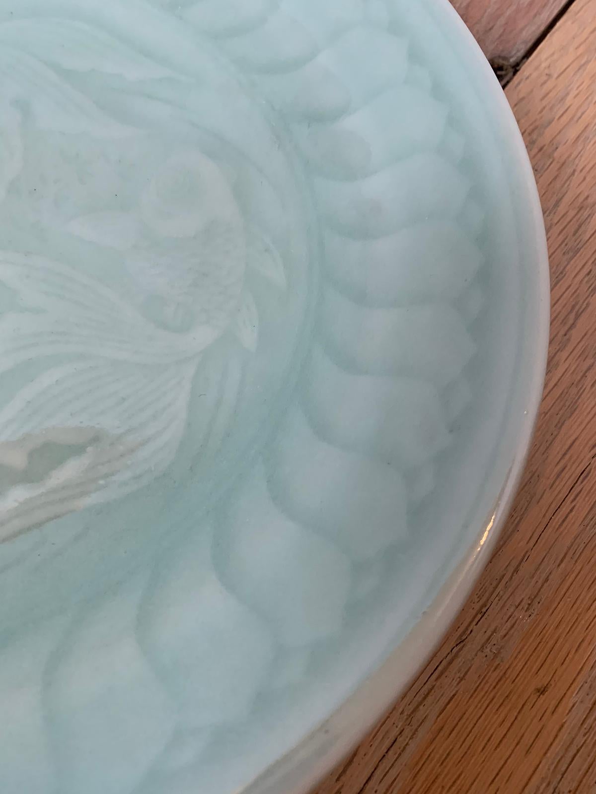 Early 20th Century Chinese Celadon Pottery Koi Fish Plate 4 Character Reign Mark 3