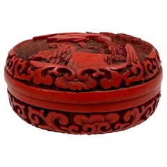 Antique Early 20th Century Chinese Cinnabar Circular jewelry Box