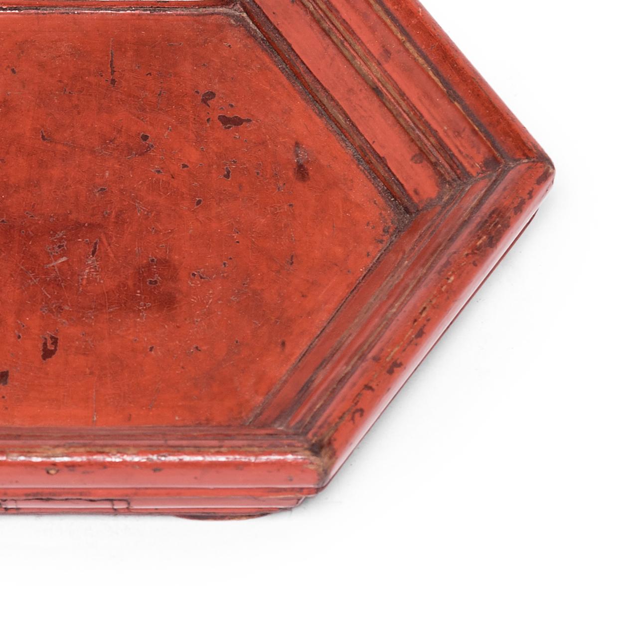 Lacquered Chinese Cinnabar Red Honeycomb Tray, c. 1900