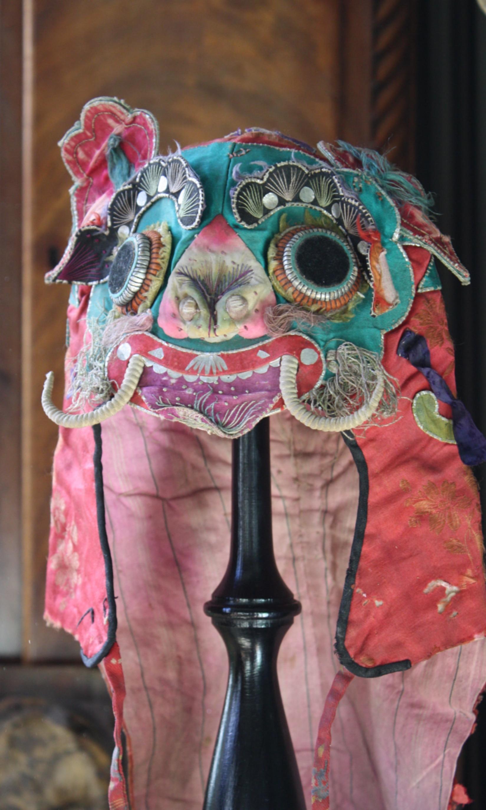 Early 20th Century Chinese Embroidered Dragon Hat Head Dress  In Good Condition For Sale In Lowestoft, GB