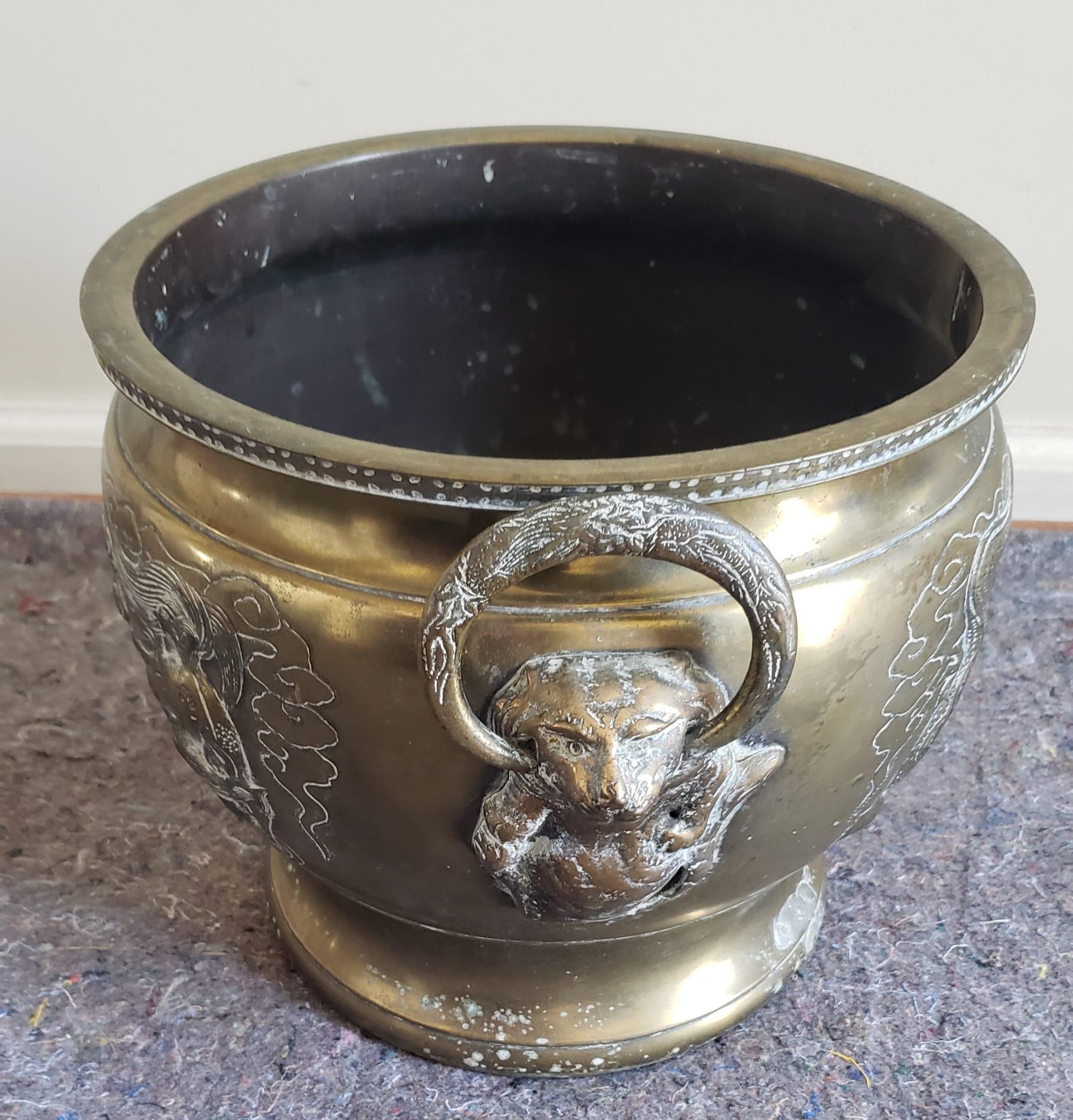 Chinese Export Early 20th Century Chinese Etched Brass Jardiniere For Sale