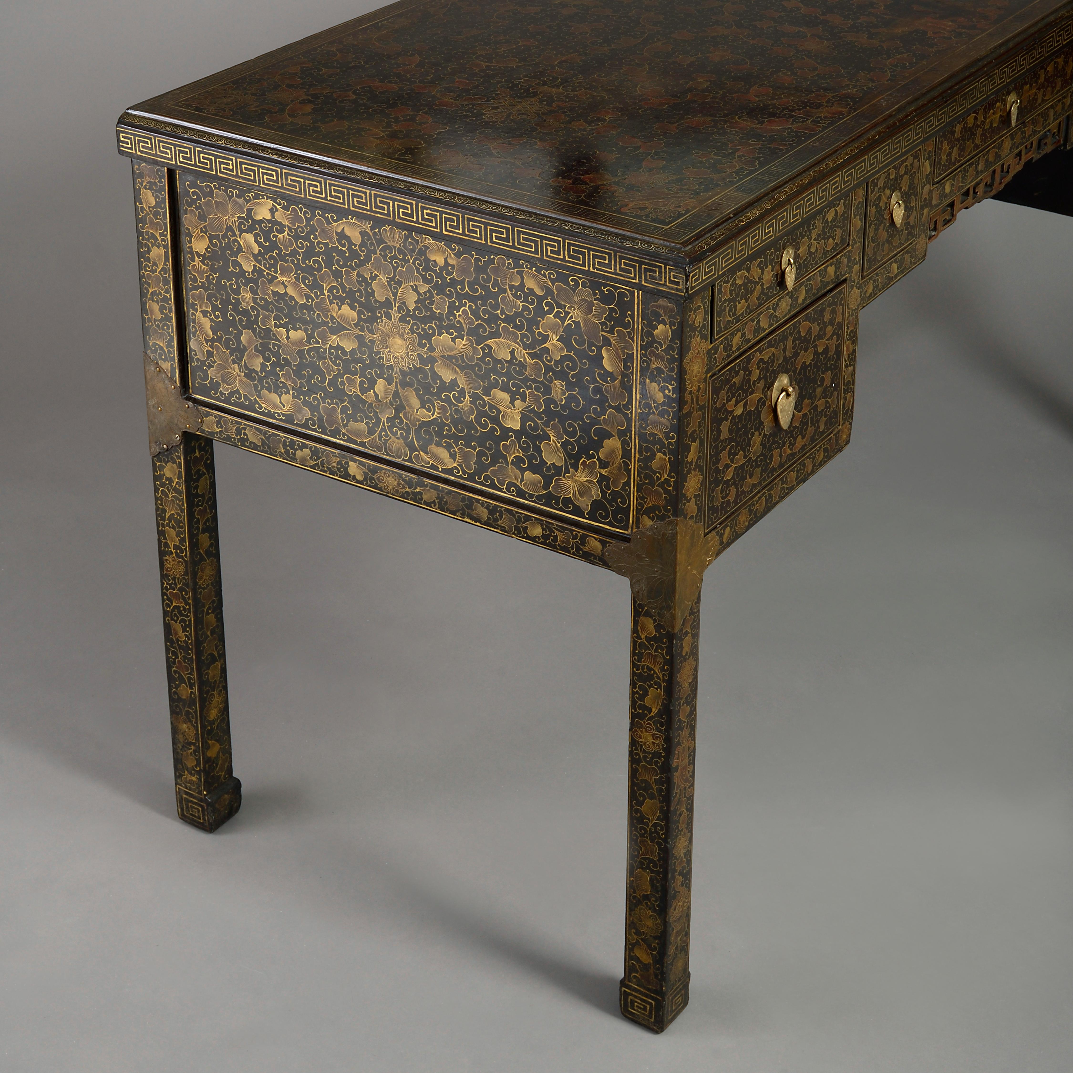 Brass Early 20th Century Chinese Export Black Lacquer Desk