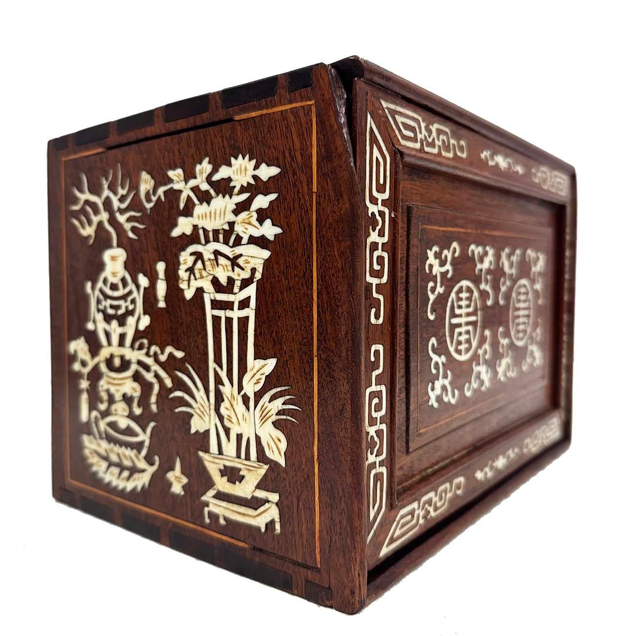 Up for sell is exquisite Antique Chinese Mah-jong set, dating back to circa 1920s. The tiles have a bamboo base with a top made from bone that has embossed and hand painted painted characters. It is complete set of total 146 tiles. They are stored