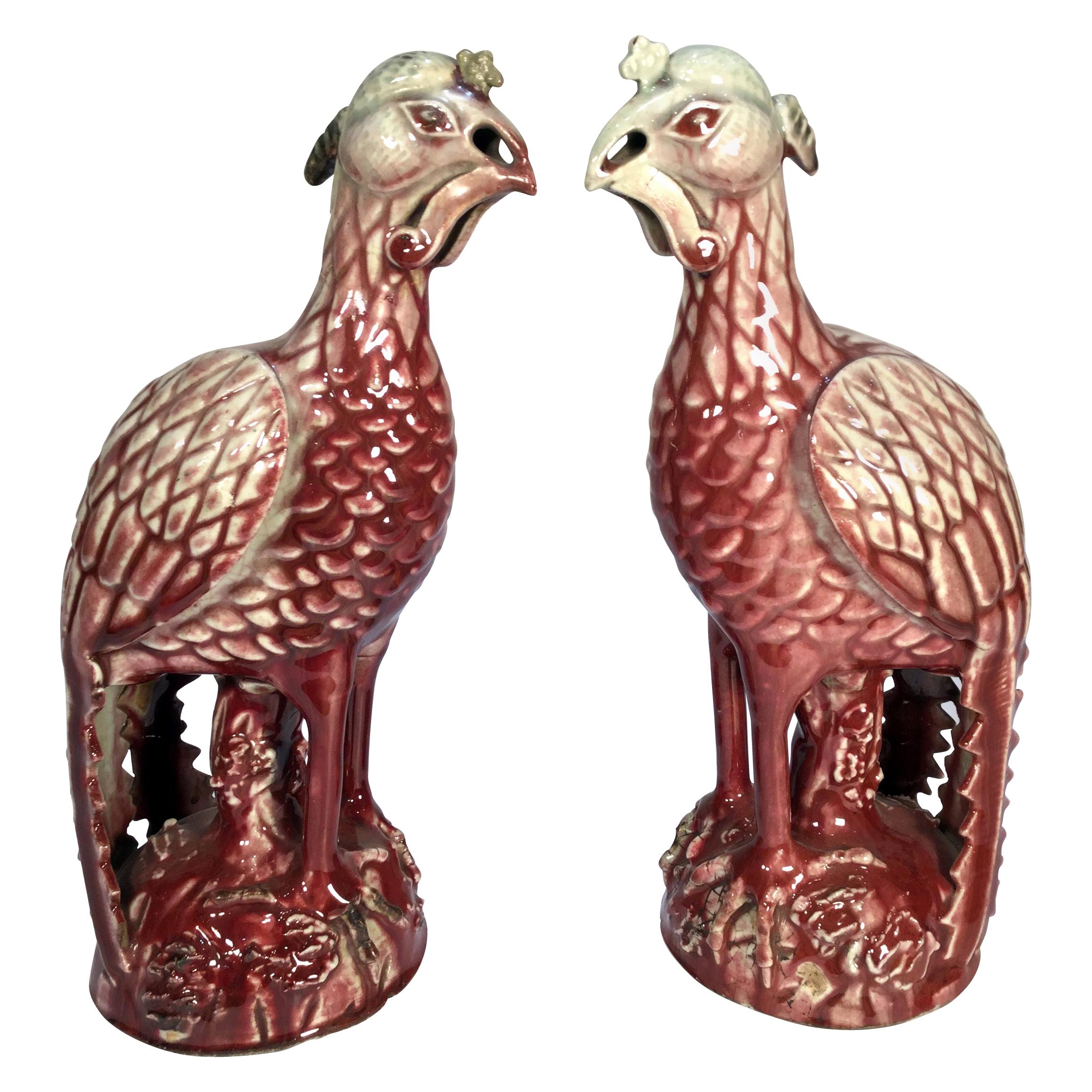Early 20th Century Chinese Export Pair of Ceramic Ho Ho Birds