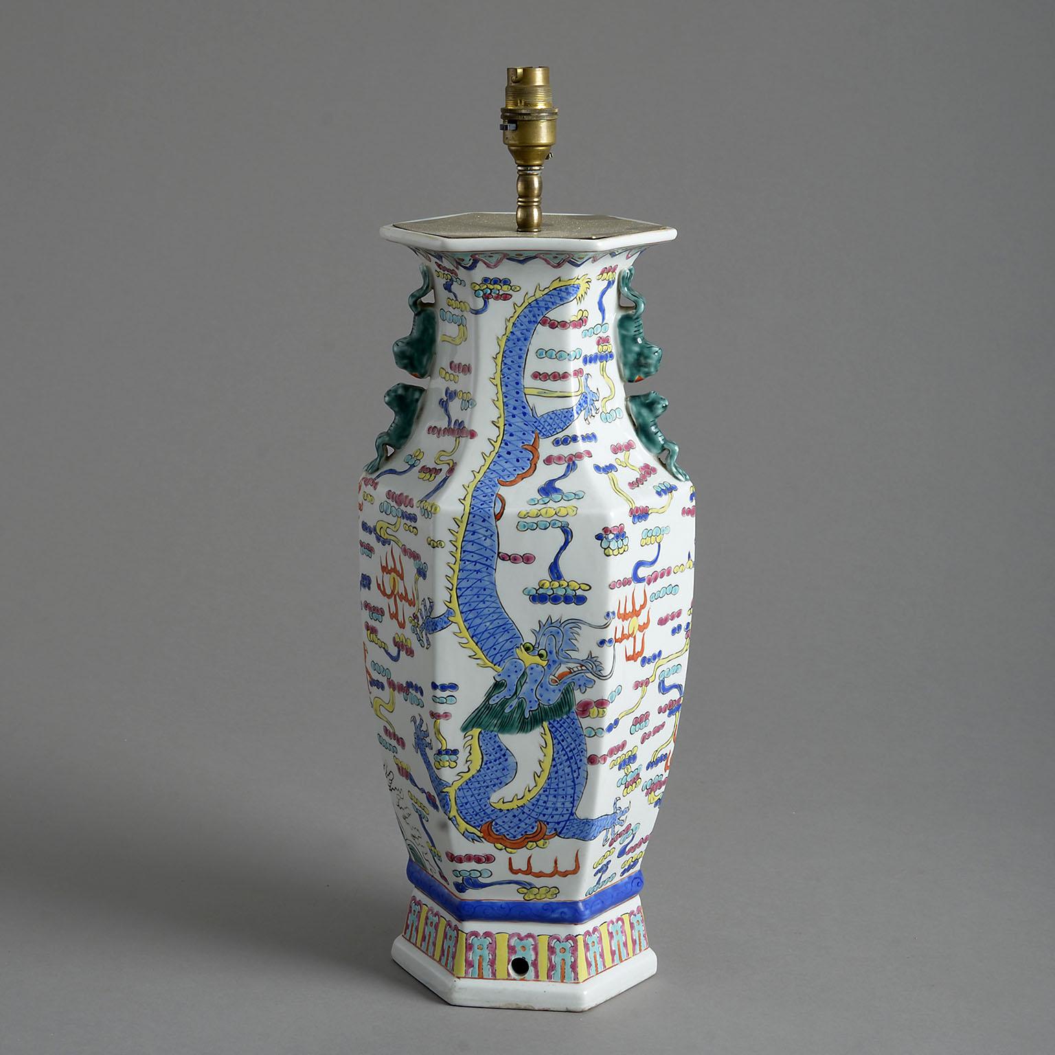 Glazed Early 20th Century Chinese Export Porcelain Dragon Vase Lamp