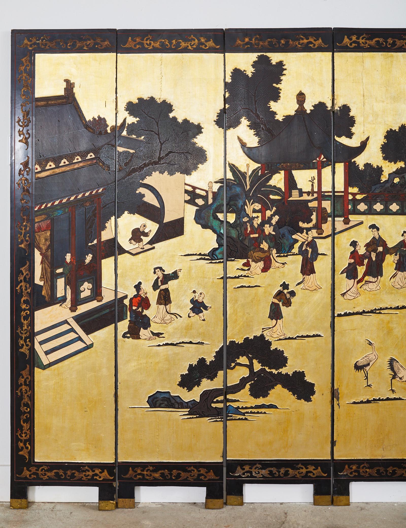 Lacquered 20th Century Chinese Export Six Panel Gold Leaf Coromandel Screen For Sale