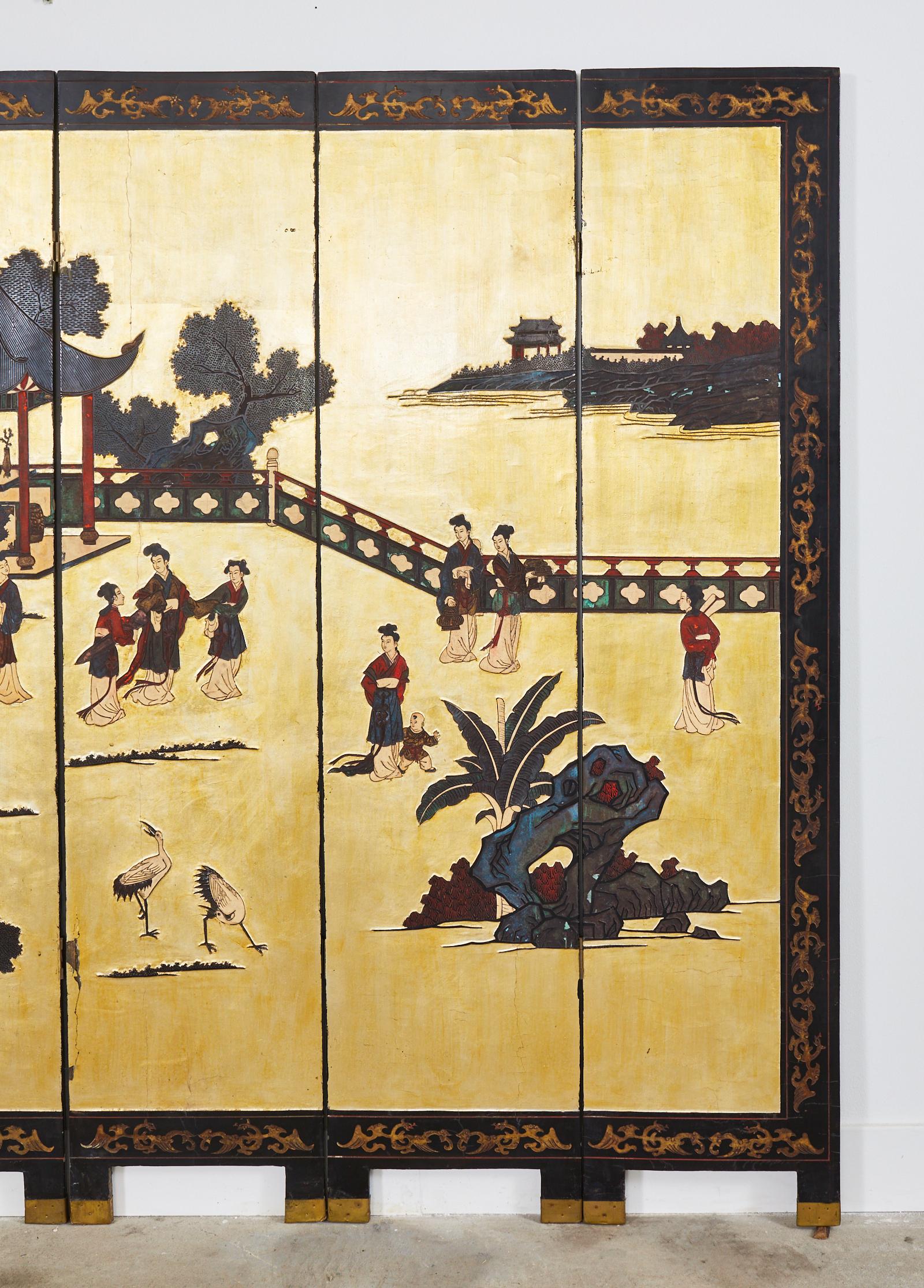 Brass 20th Century Chinese Export Six Panel Gold Leaf Coromandel Screen For Sale