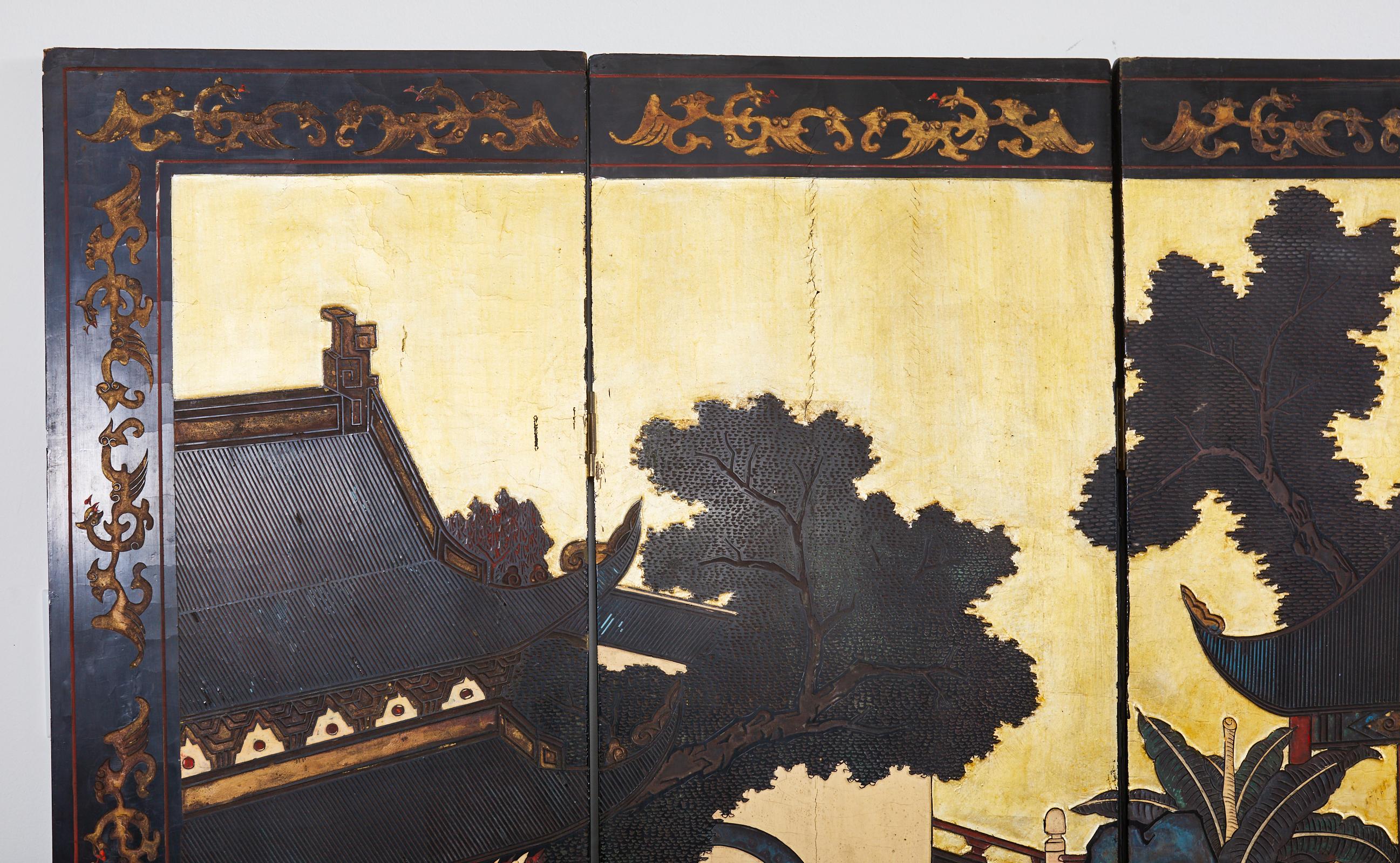 Chinesischer Export-Coromandel-Raumteiler aus dem frühen 20. Jahrhundert mit sechs Blattgold im Angebot 1