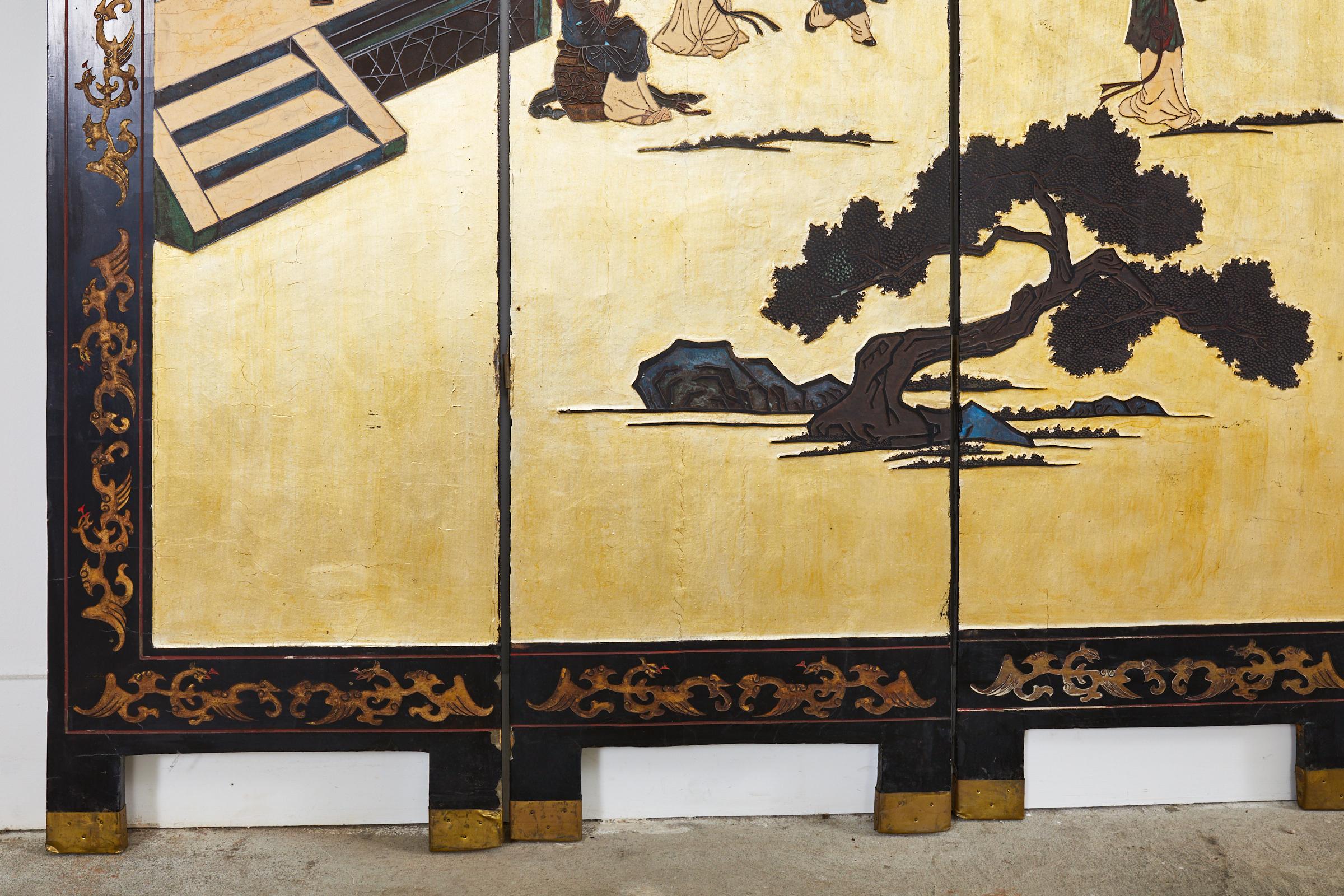 Chinesischer Export-Coromandel-Raumteiler aus dem frühen 20. Jahrhundert mit sechs Blattgold im Angebot 2