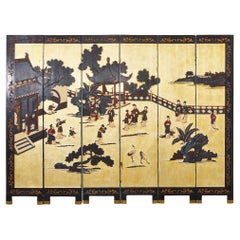 Early 20th Century Chinese Export Six Panel Gold Leaf Coromandel Screen