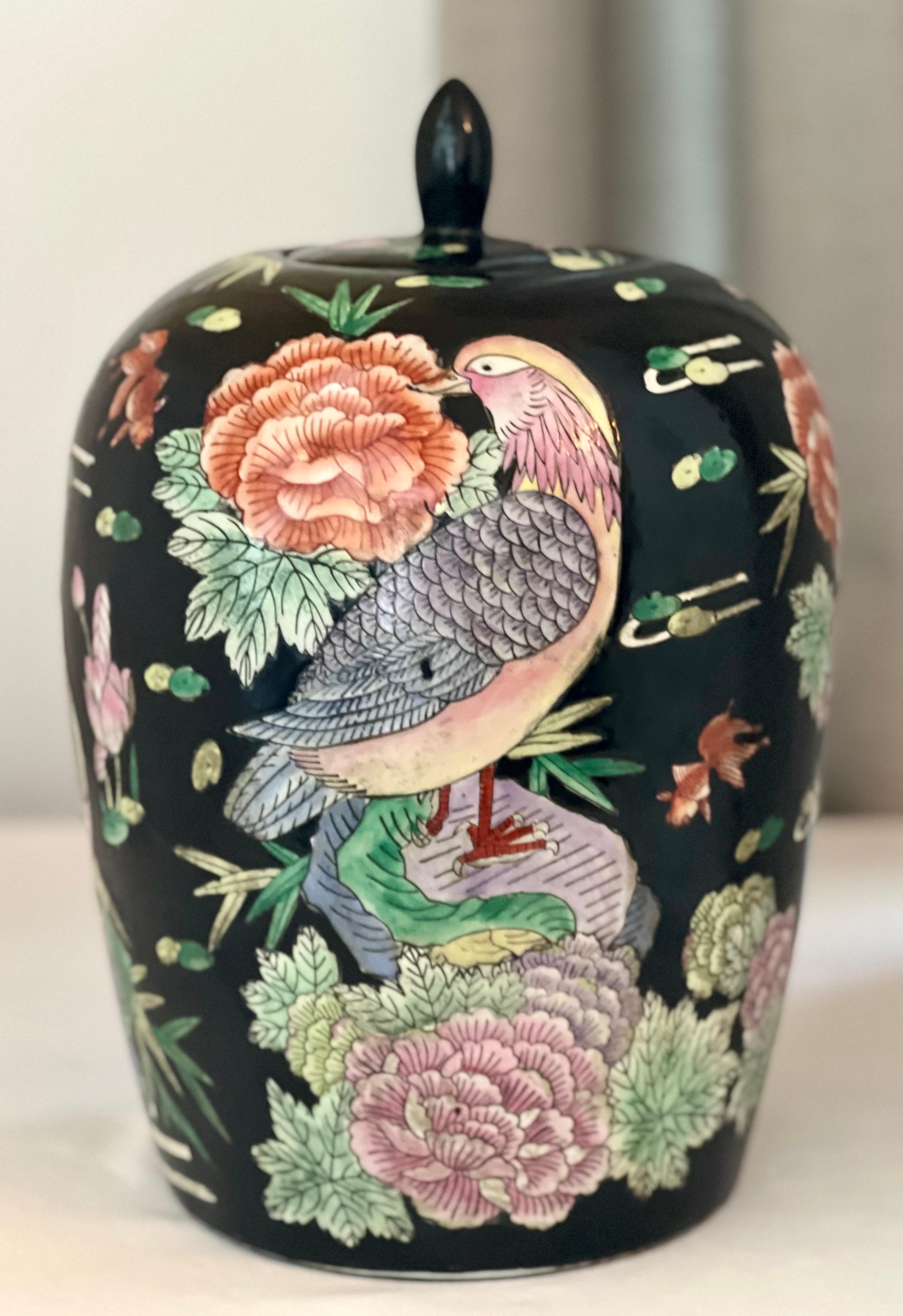 Hand-Painted Early 20th Century Chinese Famille Noire Porcelain Ovoid Ginger Jar with Lid For Sale