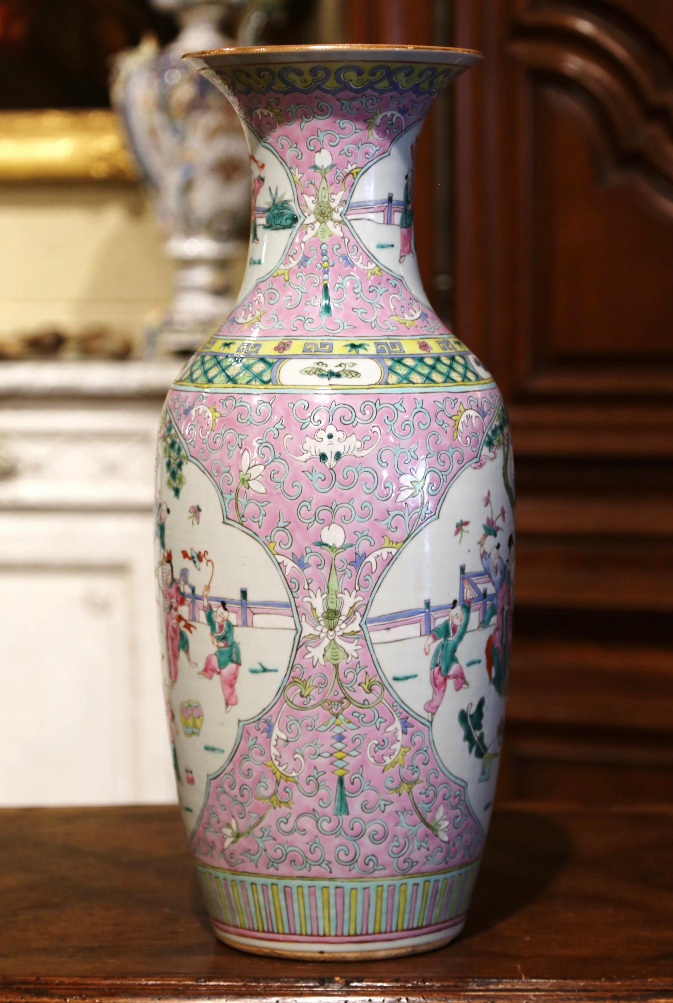 Chinese Export Early 20th Century Chinese Famille Rose Hand Painted Porcelain Vase For Sale