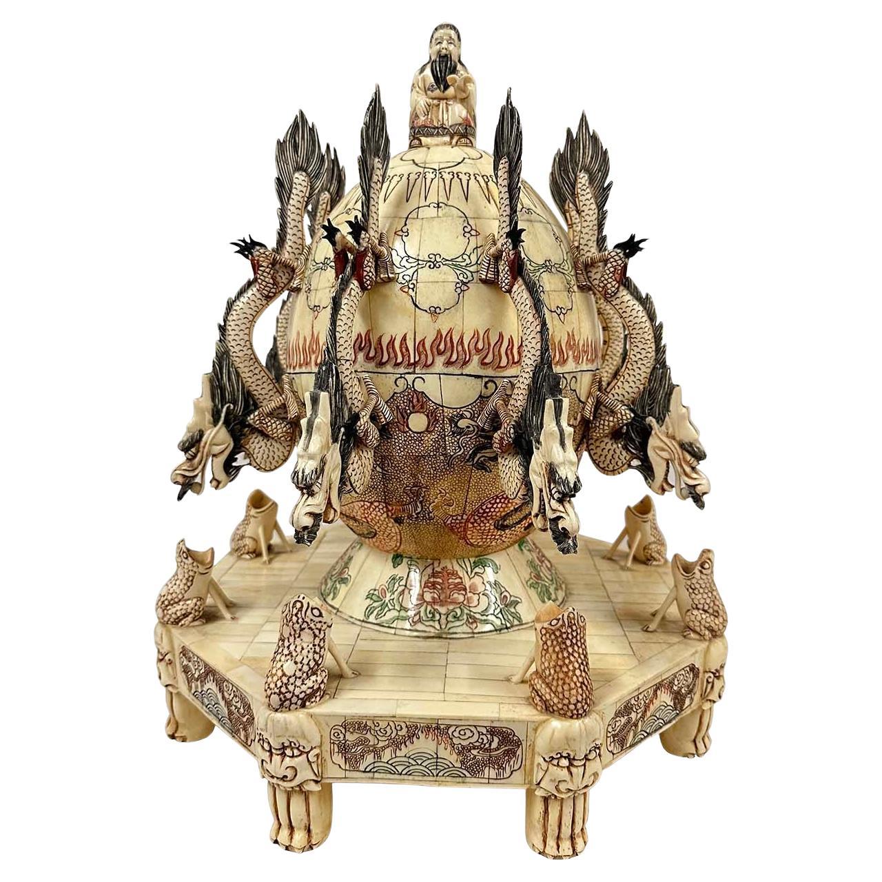Early 20th Century Chinese Faux Ivory Carved Earthquake Detector, Seismograph