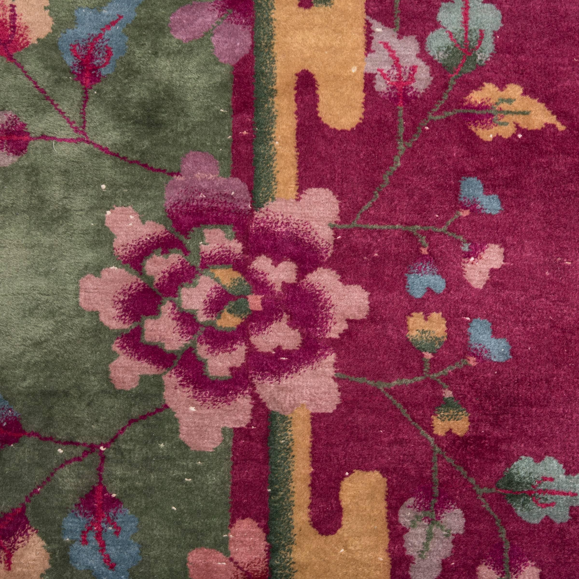 In order to meet an ever-growing demand in Europe and American during the beginning of the 20th-century, foreign manufacturers were lured to China to produce rugs. Among the most famous were Nichols “Super Rugs” made in Tientsin. Made of