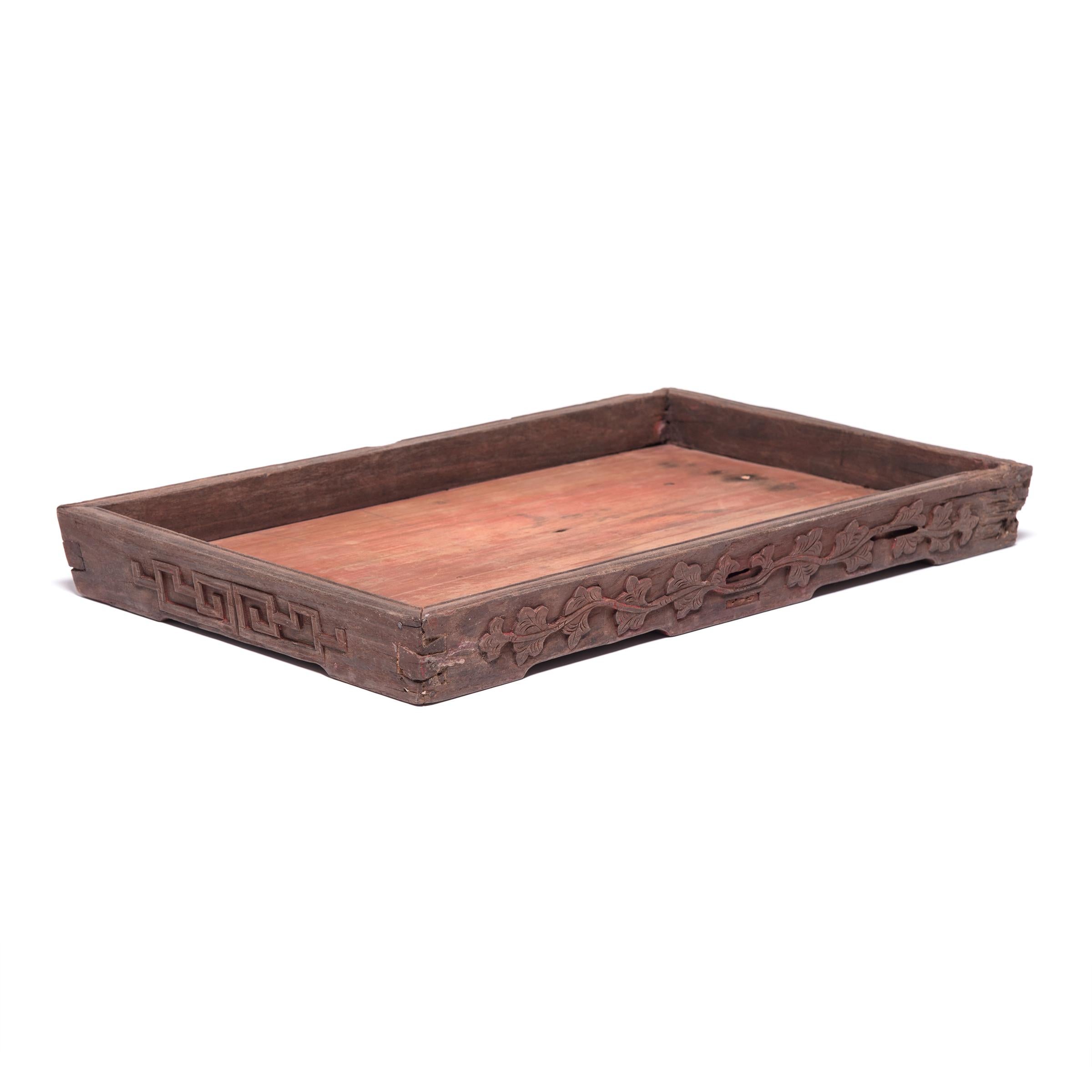 Carved Early 20th Century Chinese Floral Tea Tray