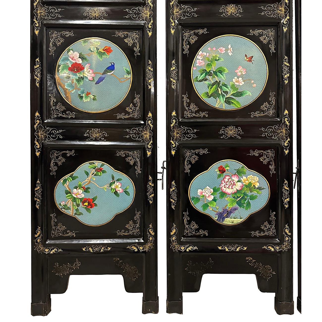 Chinesischer klappbarer Raumteiler des frühen 20. Jahrhunderts mit Cloisonné-Paneelen im Angebot 6
