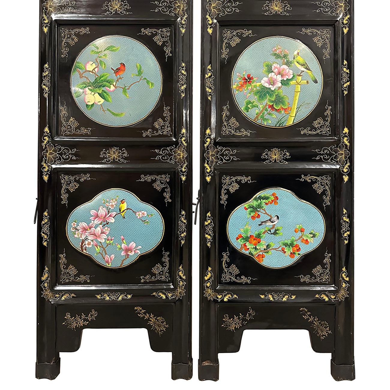 Chinesischer klappbarer Raumteiler des frühen 20. Jahrhunderts mit Cloisonné-Paneelen im Angebot 8